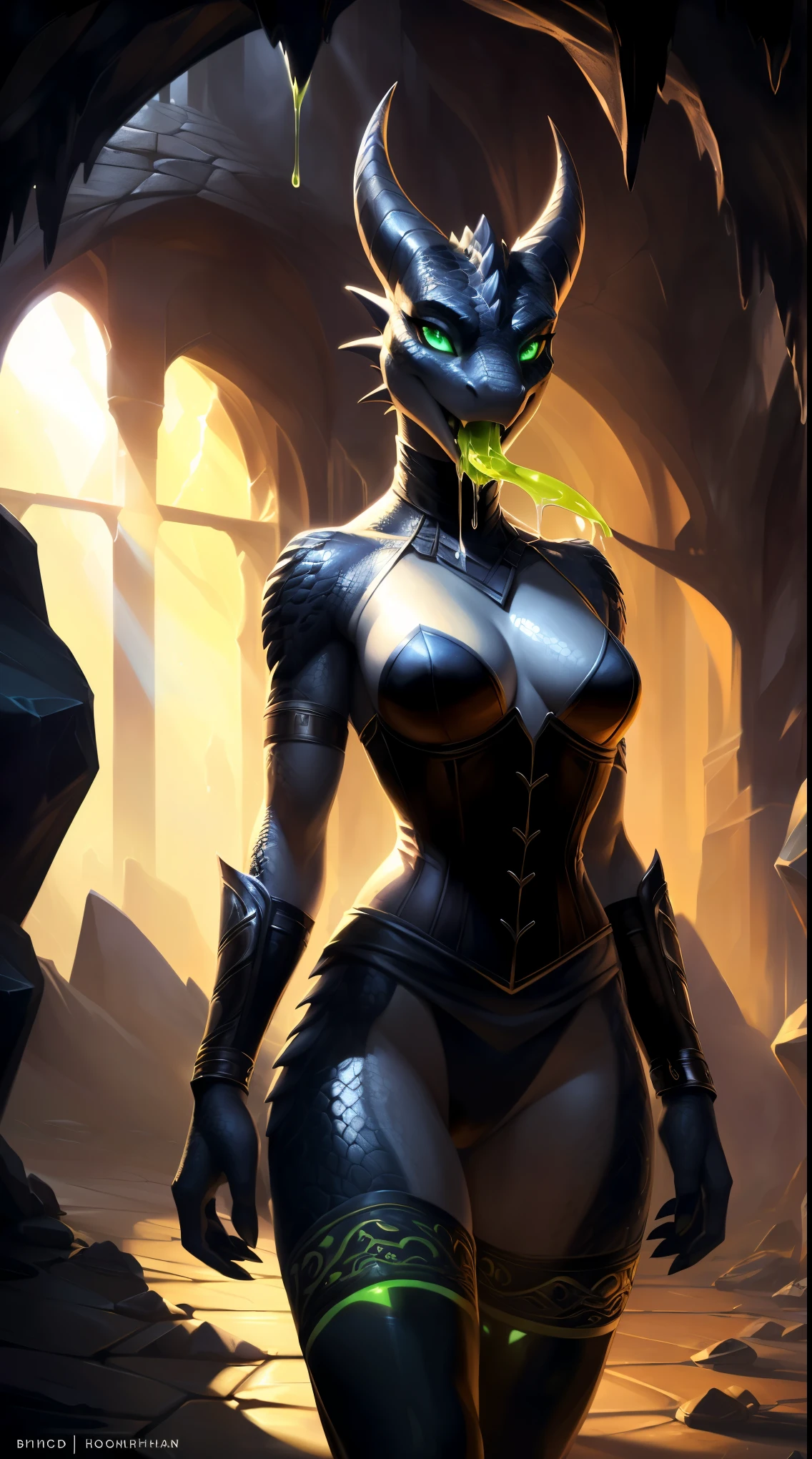 uploaded on e621, by Pixelsketcher, by Bayard Wu, by Thomas Benjamin Kennington, by Einshelm, solo anthro, small Kobold, tiny body, ((Portrait)), ((The magician's hiking clothes)), (adventurer), corset, (detailed Bonifasko lighting), (detailed scaly skin, black skin), (Cinematic lighting), ((Detailed background, dungeon, dark underground, cave)), (half body shadow), [Backlighting], ((Masterpiece), hands with fangs, scales, dragonborn, asymmetrical wavy hair, black scales, dark lizard, fantasy art, anthro art, commission for high res, Furry art, pov furry art, Sakimichan is beautiful, Masterpiece, Best Quality, Detailed image, Detailed Face, perfect lighting, Perfect shadows, Perfect eyes, focus on girl, small breasts, gorgeous body, Hourglass body, Animal nose, muzzle, two-toned fur, gaze at the viewer, half closed eyes, 1girl, full body, (Masterpiece:1.2), (Best Quality:1.2), (illustartion:1.2), (Cinematic lighting:1.3), Detailed fur, anthro, attractive body, sexy body, looking a viewer, seductive gaze, thick-thighs, fit body, Best Stockings, (dragon paws in legwear), open mouth, ((Acid saliva:1.3) (green saliva:1.2)), magician, horrifing
