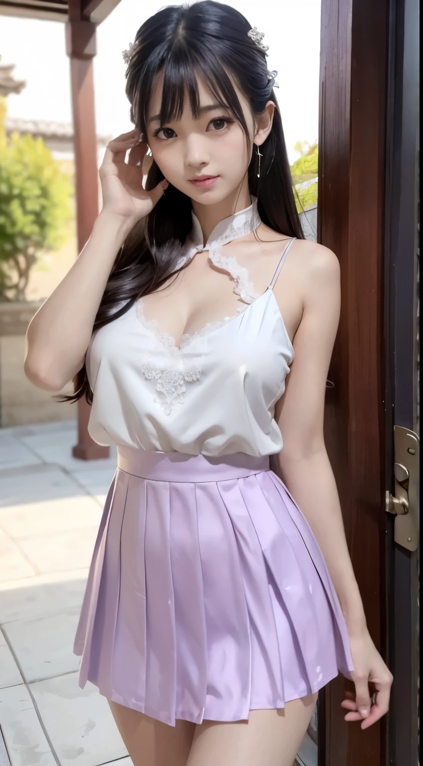 Master quality, highest quality, best picture quality, exaggerated details, a princess cute10 asian with a shy expression, slightly squinted eyes, adjusting her hair, long eyelashes (long hair / very, very exaggerated big breasts, big tits / in pink white pentticoat, qipao dress, short skirt), posing in front of the camera, wet breast see under wear, open hanfu accessories, jewelry, delicate face, eye shadow, purple top, purple, purple, purple long skirt, Dunhuang style, delicate embroidery, silver decoration, silver streamer, white streamer, light blue streamer, delicate skin, soft light effect, delicate and silky hair, delicate details, eye highlight, fair skin, fine portrayal, extreme details, cinematic quality, thin, slender, broken, hair details, thin bangs, shawl hair, Correct body, shadow, air bangs, 8K, super fine, fine fabric texture, soft, supple, smooth texture, Dunhuang style, delicate pattern, correct hand painting, anatomical correct, accurate, night, dark night, lighting, Tyndall effect, ray tracing, HUD, stunning antique beauty, perfect face, perfect delicate and clear facial features