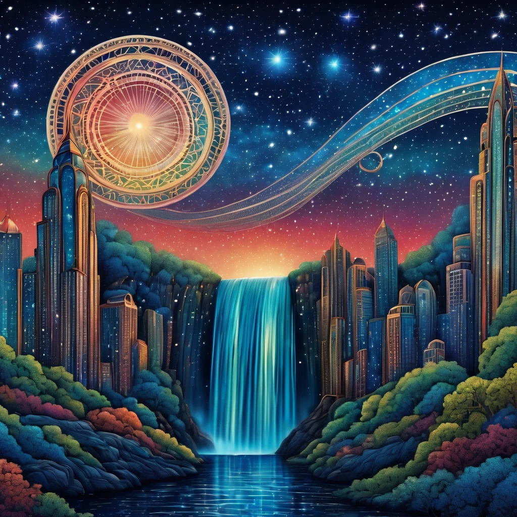 Magical starry sky. zentangle art deco style Waterfall, art deco style science fiction, magical art deco style future skyscrapers in background,  about the curvature of space time, full colored, impresive colors, (best quality,4k,8k,highres,masterpiece:1.2),ultra-detailed,(realistic,photorealistic,photo-realistic:1.37),