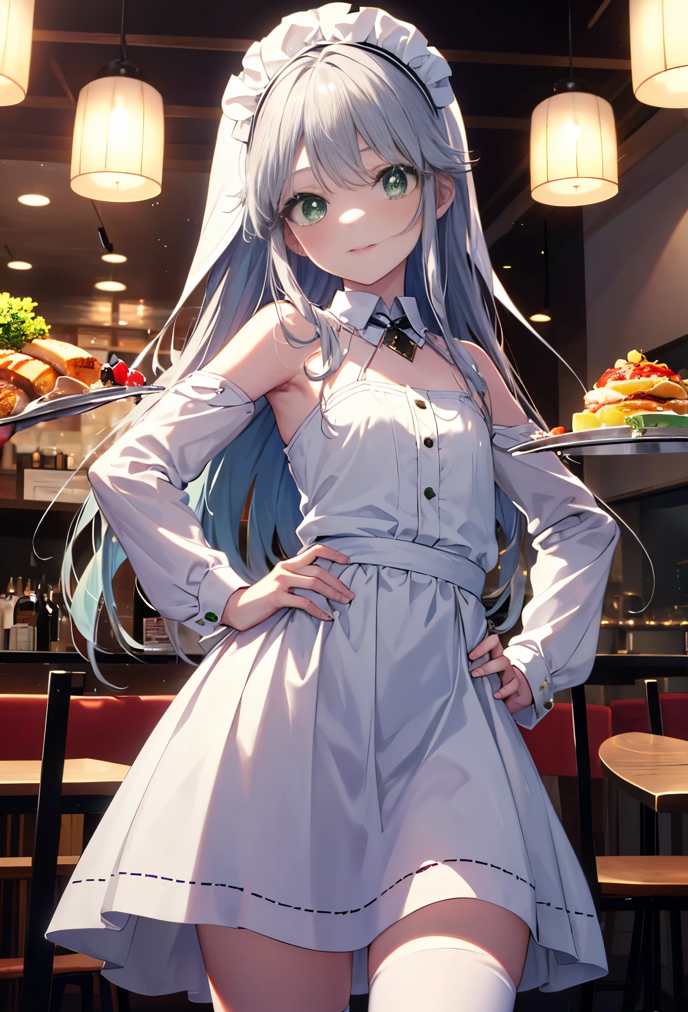 index, index, (green  eyes:1.5), silver hair, long hair, (flat chest:1.2),smile,blush,bossy,she was wearing a maid long skirt, white stockings on her legs,put both hands on hips,Standing in honor,bare shoulders,looking up from below,There&#39;s a lot of food on the table, break looking at viewer, Upper body, whole body, break indoors, restaurant,viking, break (masterpiece:1.2), highest quality, High resolution, unity 8k wallpaper, (figure:0.8), (detailed and beautiful eyes:1.6), highly detailed face, perfect lighting, Very detailed CG, (perfect hands, perfect anatomy),