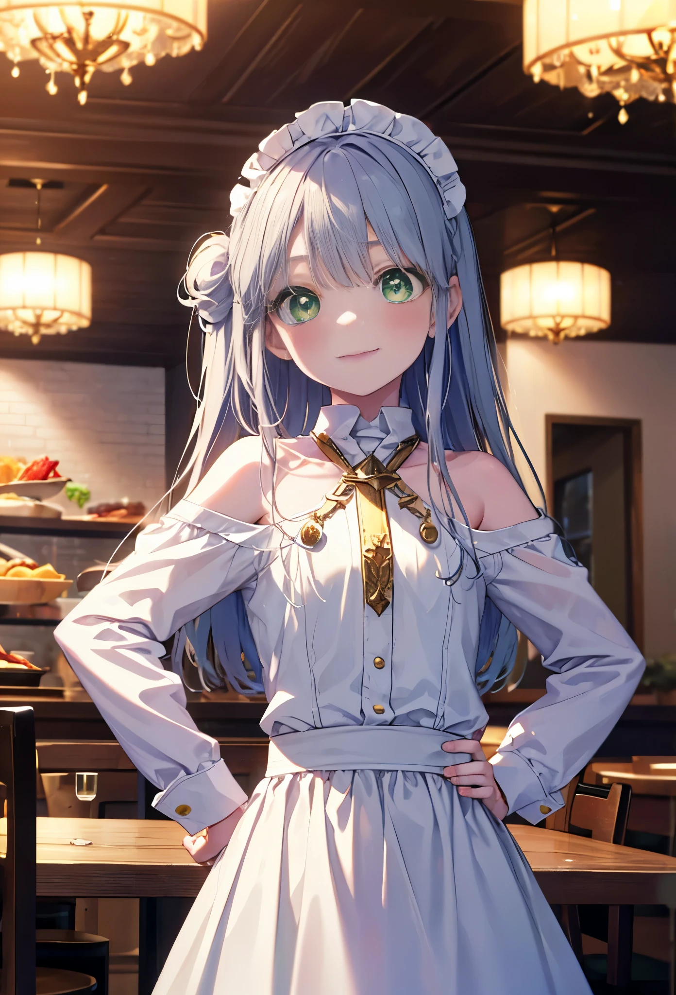 index, index, (green  eyes:1.5), silver hair, long hair, (flat chest:1.2),smile,blush,bossy,she was wearing a maid long skirt, white stockings on her legs,put both hands on hips,Standing in honor,bare shoulders,looking up from below,There&#39;s a lot of food on the table, break looking at viewer, Upper body, whole body, break indoors, restaurant,viking, break (masterpiece:1.2), highest quality, High resolution, unity 8k wallpaper, (figure:0.8), (detailed and beautiful eyes:1.6), highly detailed face, perfect lighting, Very detailed CG, (perfect hands, perfect anatomy),