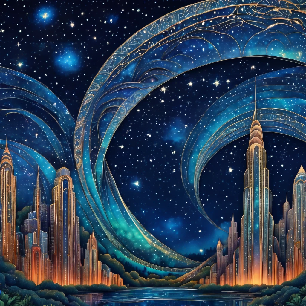 Magical starry sky. zentangle art deco style Waterfall, art deco style science fiction, magical art deco style future skyscrapers in background,  about the curvature of space time, full colored, impresive colors, (best quality,4k,8k,highres,masterpiece:1.2),ultra-detailed,(realistic,photorealistic,photo-realistic:1.37),