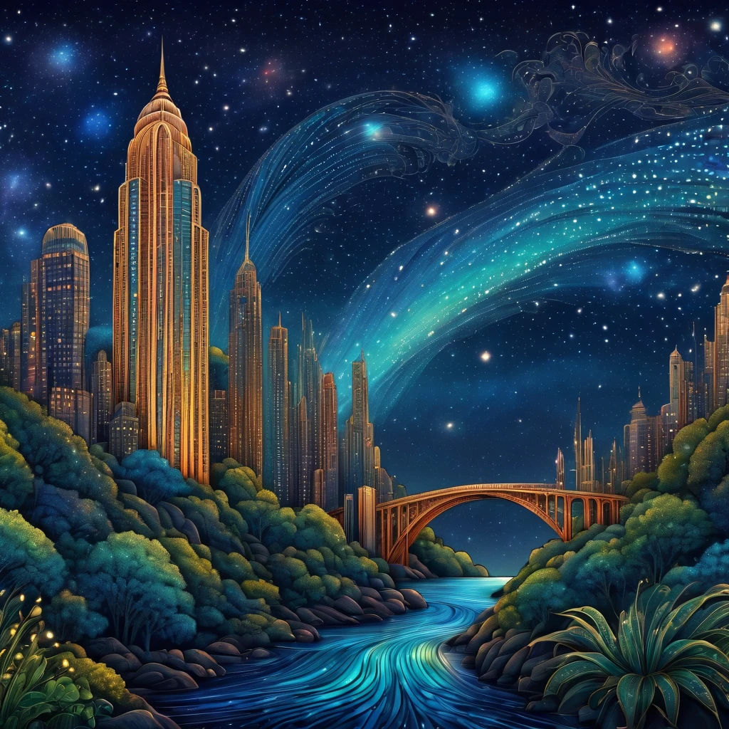 Magical starry sky. zentangle art deco style Waterfall, art deco style science fiction, magical art deco style future skyscrapers in background, about the curvature of space time, full colored, impresive colors, (best quality,4k,8k,highres,masterpiece:1.2),ultra-detailed,(realistic,photorealistic,photo-realistic:1.37),