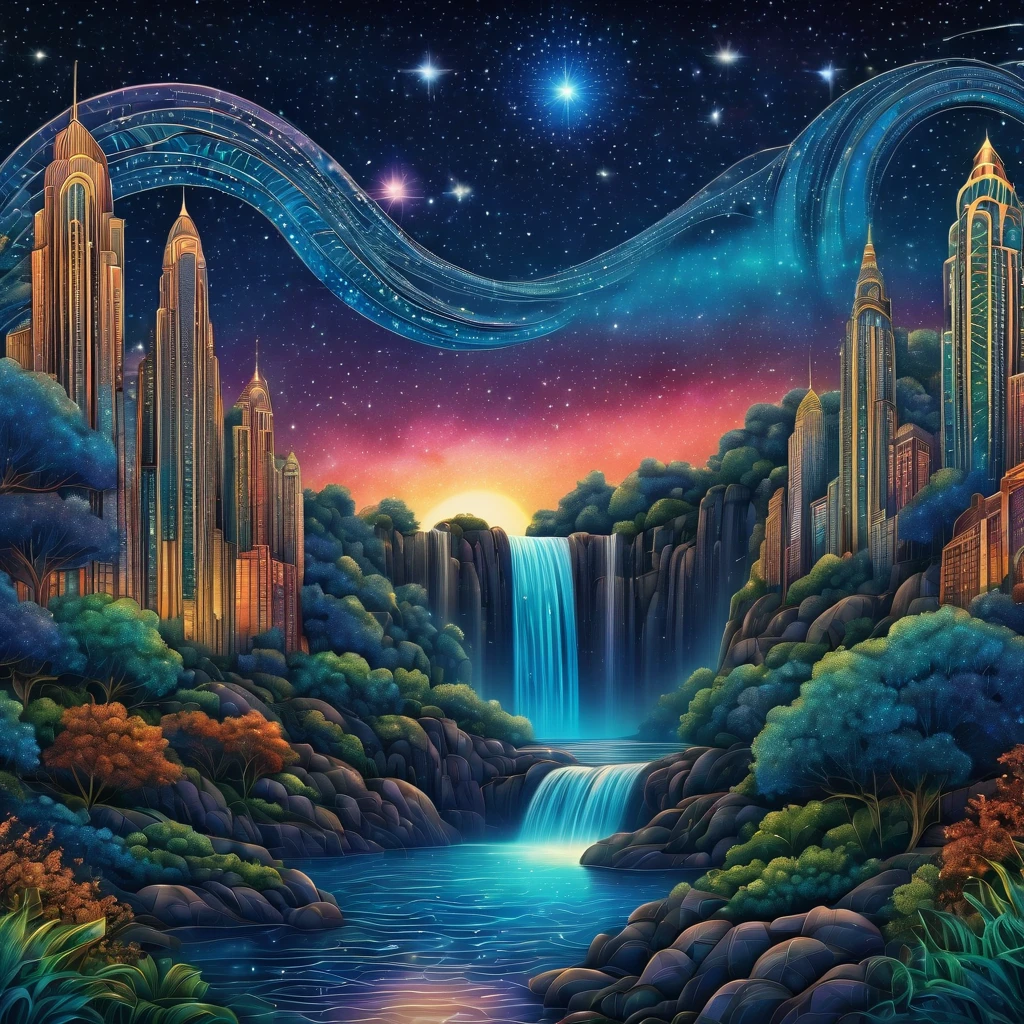 Magical starry sky. zentangle art deco style Waterfall, art deco style science fiction, magical art deco style future skyscrapers in background,  about the curvature of space time, full colored, impresive colors, (best quality,4k,8k,highres,masterpiece:1.2),ultra-detailed,(realistic,photorealistic,photo-realistic:1.37),