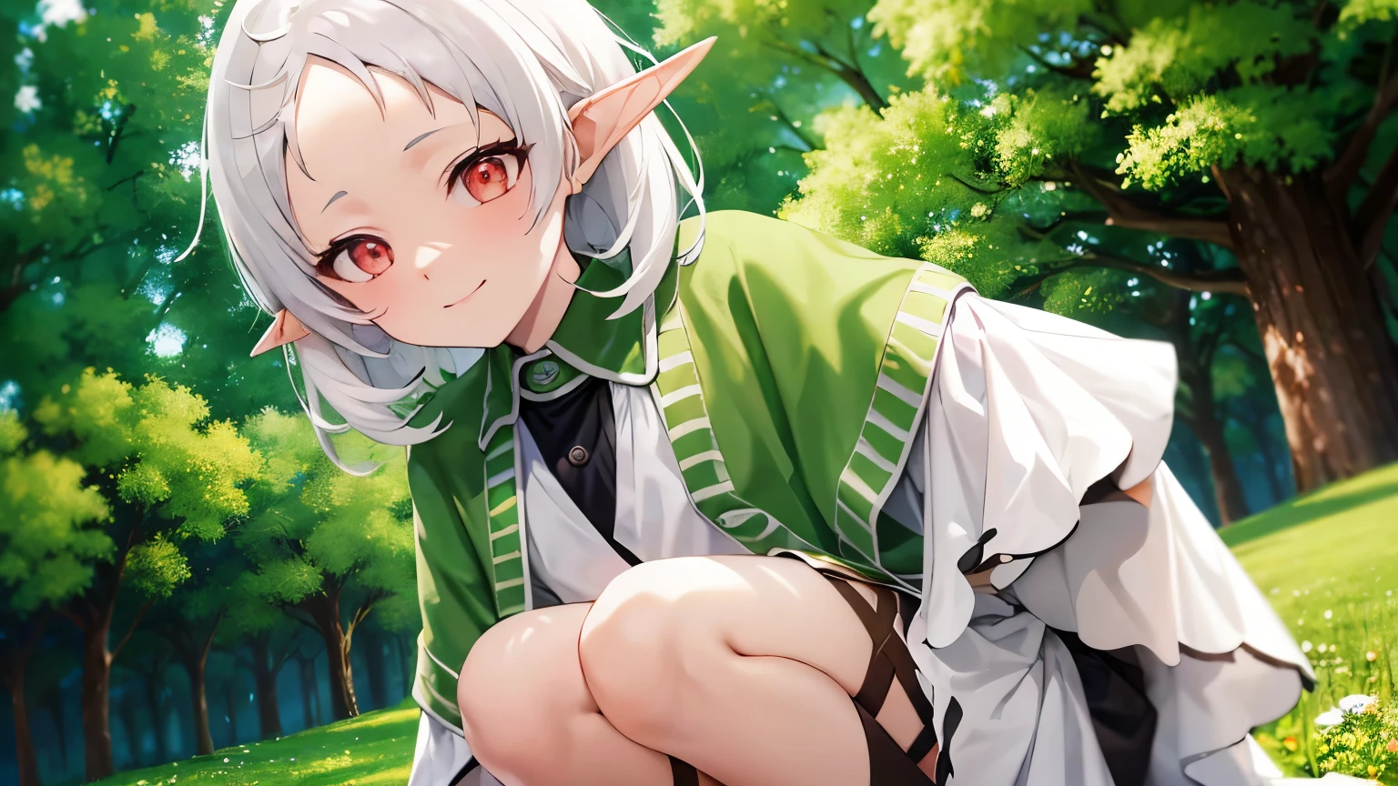 a cute character with a shy smile named Sylphie with elf-like ears and white tomboyish hair, the eyes are red colored with black pupils. Her forehead is visible and detailed with a signal. The character is wearing a white long-sleeve shirt and a brown skirt, is crouching on the grass amidst a serene and beautifully illuminated forest. Mushoku Tensei. anime style masterpiece.