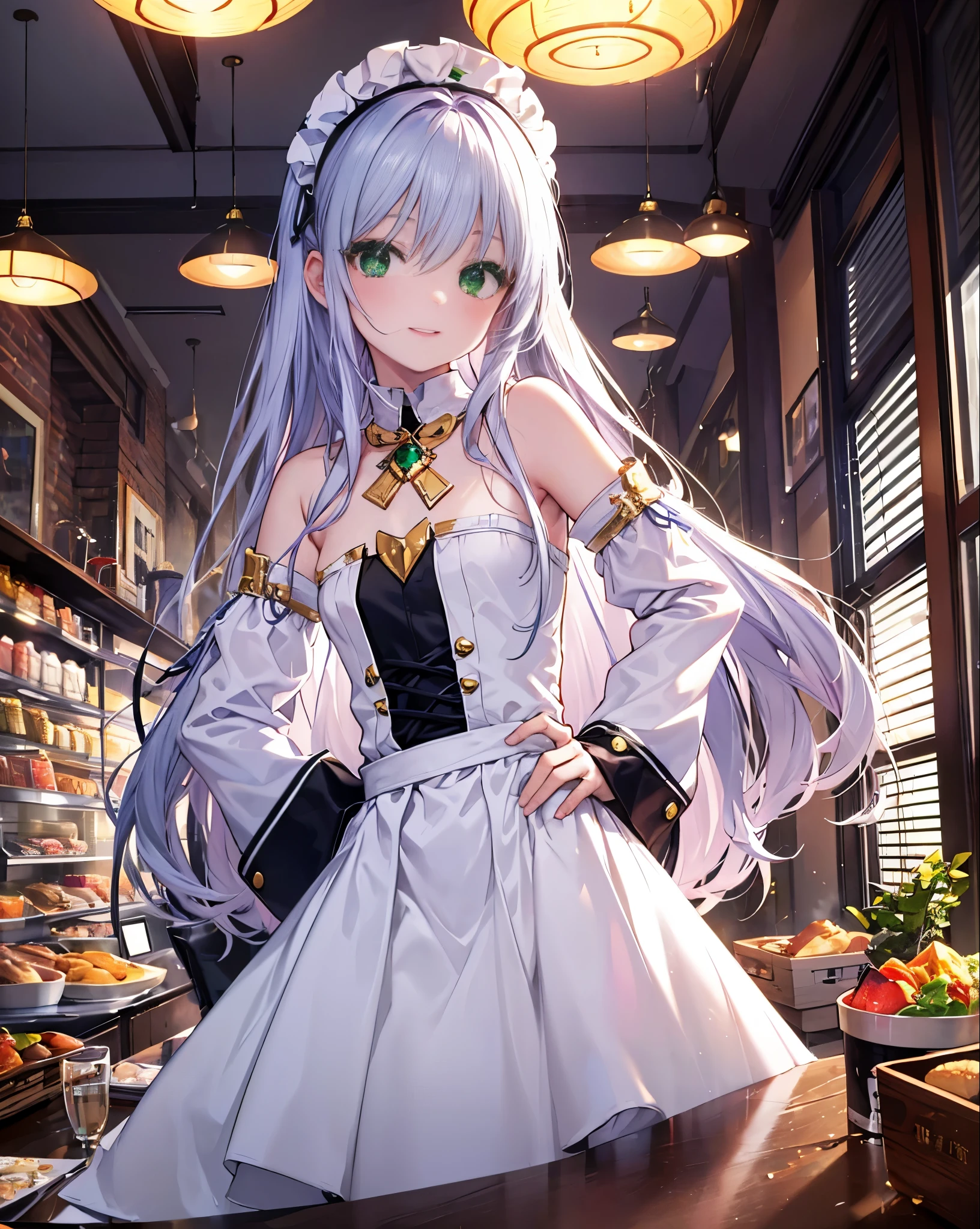 index, index, (green eyes:1.5), silver hair, long hair, (flat chest:1.2),smile,blush,bossy,she was wearing a maid long skirt, white stockings on her legs,put both hands on hips,Standing in honor,bare shoulders,looking up from below,There's a lot of food on the table, break looking at viewer, Upper body, whole body, break indoors, restaurant,viking, break (masterpiece:1.2), highest quality, High resolution, unity 8k wallpaper, (figure:0.8), (detailed and beautiful eyes:1.6), highly detailed face, perfect lighting, Very detailed CG, (perfect hands, perfect anatomy),