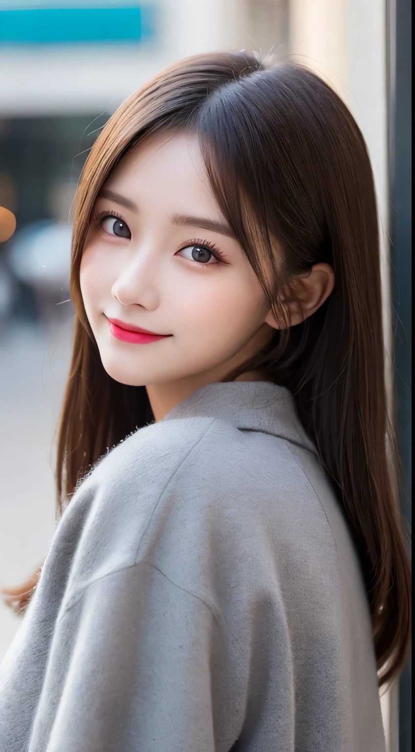 table top, highest quality, shape, Super detailed, finely, High resolution, 8k wallpaper, 完璧なダイナミックな構shape, beautiful and detailed eyes, black winter clothes,straight hair,natural color lip、20 year old girl、cute、sexy shot looking at camera,blur the background,perfect and beautiful face,Take only the face,beautiful and detailed face、slim face and style,Big eyes、do gal makeup,small face,Wearing a gray luxury brand mink coat,blur the background,smile