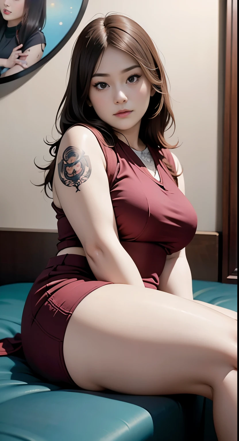 there is a woman sitting down with a longest brown hair, bbwchan, thicc, brown hijab outfit, brown hairstyle model, korean girl, korean woman, wearing brown robe, full length shot, alluring plus sized model, japanese goddess, clothed in hooded, voluptuous and arousing, portrait shot, curvy model, voluptuous body, wonderful, nene tanaka body , bbwchan, The overall atmosphere is smooth , haunting illustrations, extremely high-resolution details, photographic, realism pushed to extreme, fine texture, 4k, ultra-detailed, high quality, high contrast, red sneakers , cold atmosphere ,, cold atmosphere ,, ((Detailed texture of tattooed skin)), tattoo round breasts, irezumi tattoo style, tattoo on breasts, tttattoo, showing her thigh , tattoo on thigh, a close up of a woman with tattoos on her body, inked, tattooed body, fully tattooed body, tattooed, full-body tattoos, full - body tattoos, , full body tattoo, with tattoos, , tattoos, tattoos all over the skin, tattoos and piercings, ((Neka: 0.45)) LoRA, {{Big brother&#39;s tattooed woman Iremuzi tattoo style v1.0: 0.91}},, ((BohoAI v1.0 : 0.45))