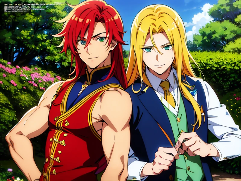 Anime High saturation and colorful Style: Two handsome, smiling, sexy men, both with long hair, tall, appear to be 18 years old, with muscular bodies and wearing suits. One is blonde (blue eyes), one is redhead (green eyes). In a beautiful garden. The wind blows through her long hair.