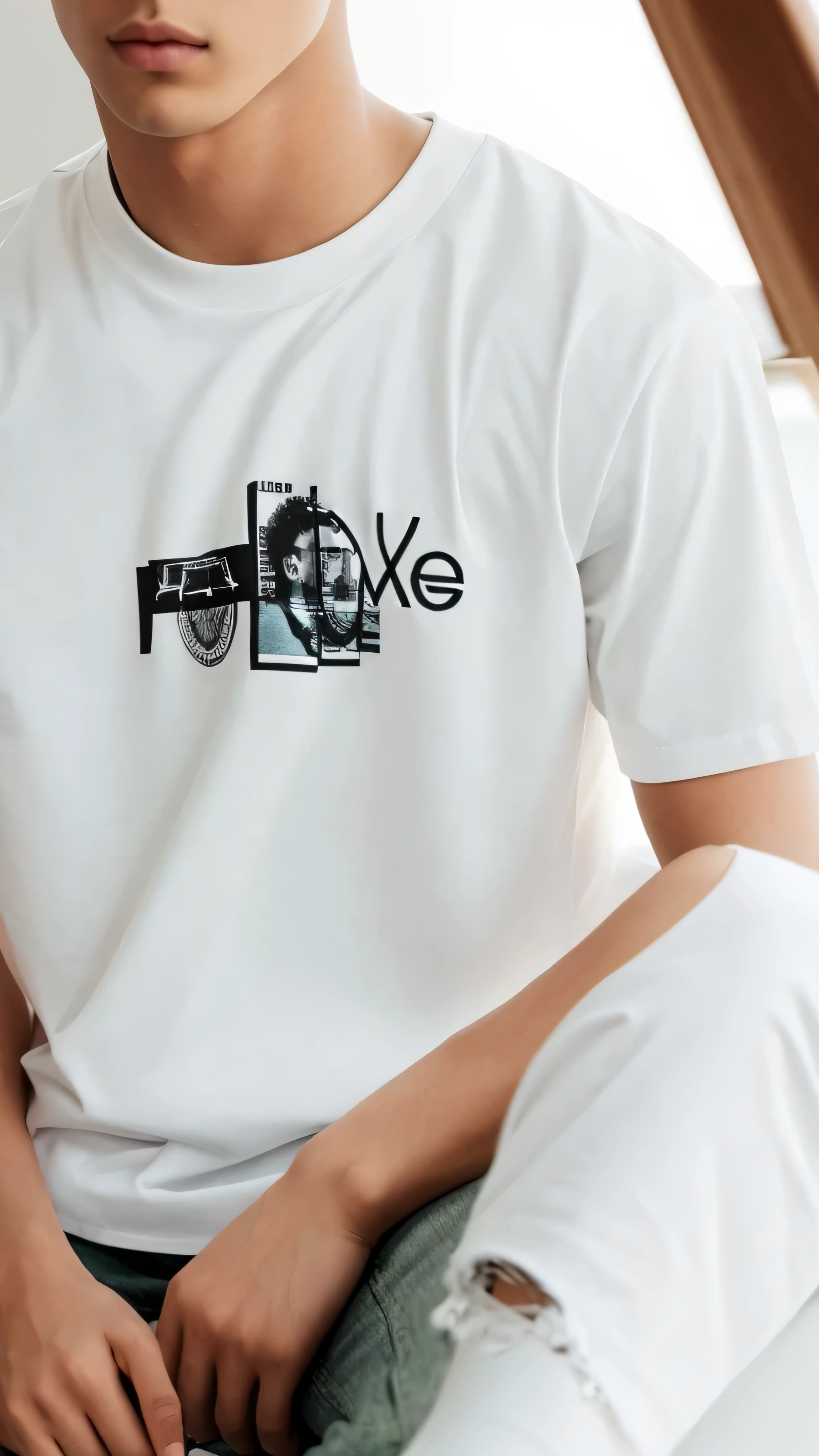 there is a young boy sitting on a chair with a white shirt, features, outlive streetwear collection, tee shirt graphic, graphic tees, finely detailed feature, fashion model features, feature, texture, up close picture, future clothing, perfect features, soft texture, with accurate features, white tshirt, trending on r/streetwear, perfectly defined features