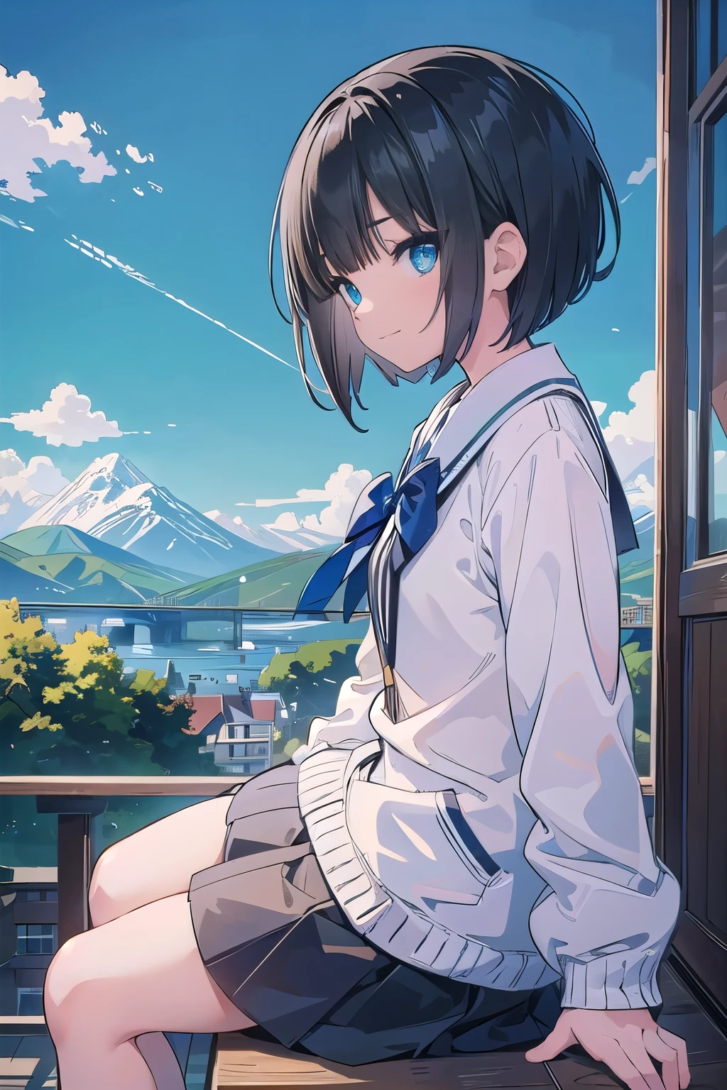 (masterpiece:1.2), (highest quality:1.2), Upper body, perfect eyes, perfect face, perfect lighting, mountainous horizon, 1 girl, 1 boy, black hair, blue eye, ((very short back hair)), blunt bangs, cute eyes, Medium chest , ((From the side)),from below, closed mouth, vivid description,orgasm, I was scared, Ahegao, smile+Happy, tooth, anger, From the side, sitting, school uniform, cardigan, ((disdain))