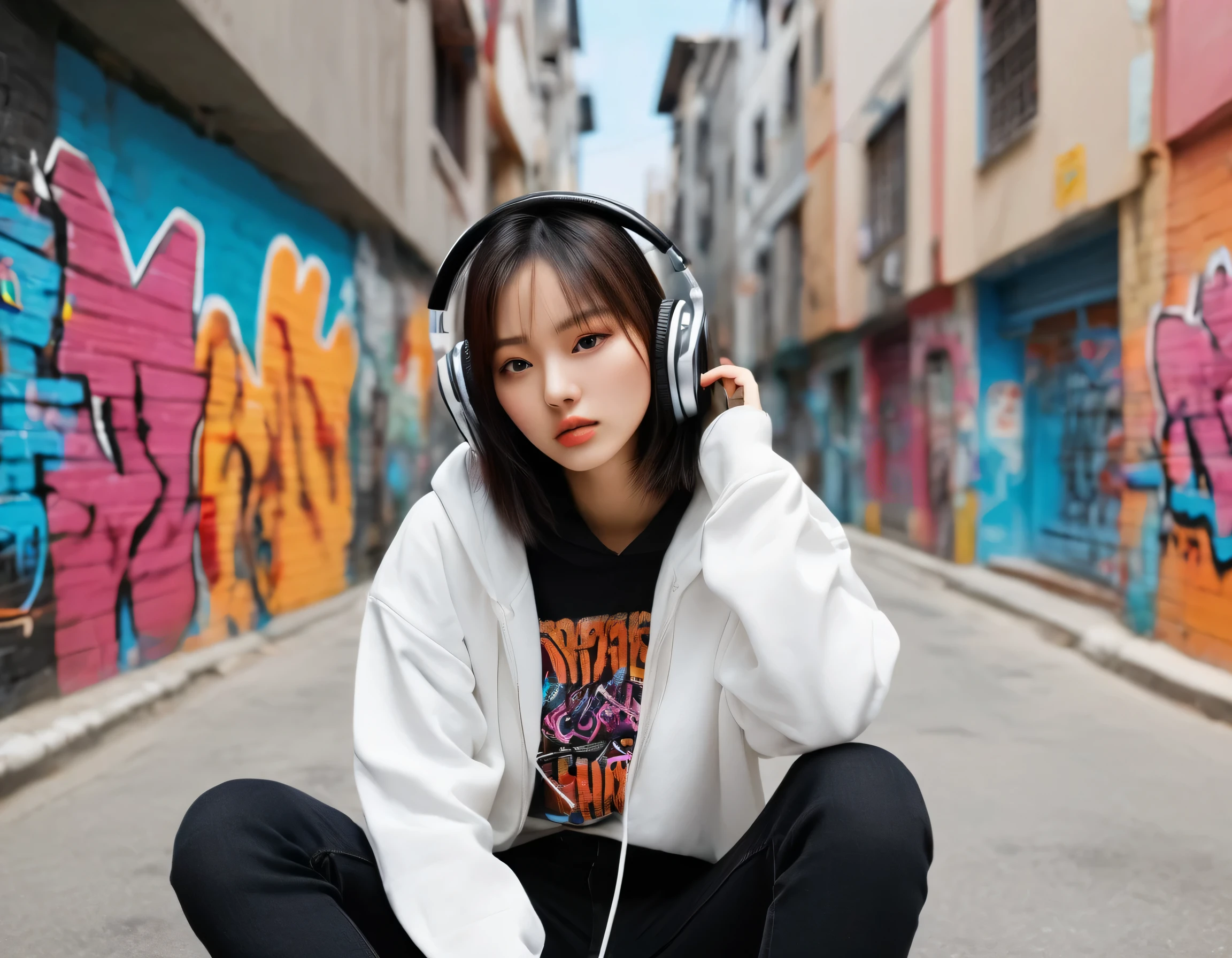 a very attractive Korean girl standing on in alley with walls covered in colorful graffiti in a black branded hoodie and jeans listening to music passionately, a picture inspired by Jean Xceron, trending on pexels, graffiti, beautiful Korean girl, gorgeous Korean model, (medium-sized breasts), woman in streetwear, urban punk casual clothing, she is wearing punk streetwear, casual clothes, wearing a black hoodie, jeans, trendy clothes, street clothes, black outfit, jeans pants, ripped clothing, girl wearing black hoodie, (detailed over-head headphones), listening to music passionately, (sparkling eyes, eye reflection), ray tracing, cinematic light, vivid colors, bokeh, (close-up), multiple views, Ultra-Wide Angle, Nikon, 85mm, f/16, UHD, masterpiece, textured skin, super detail, award winning, best quality, (16k), highres