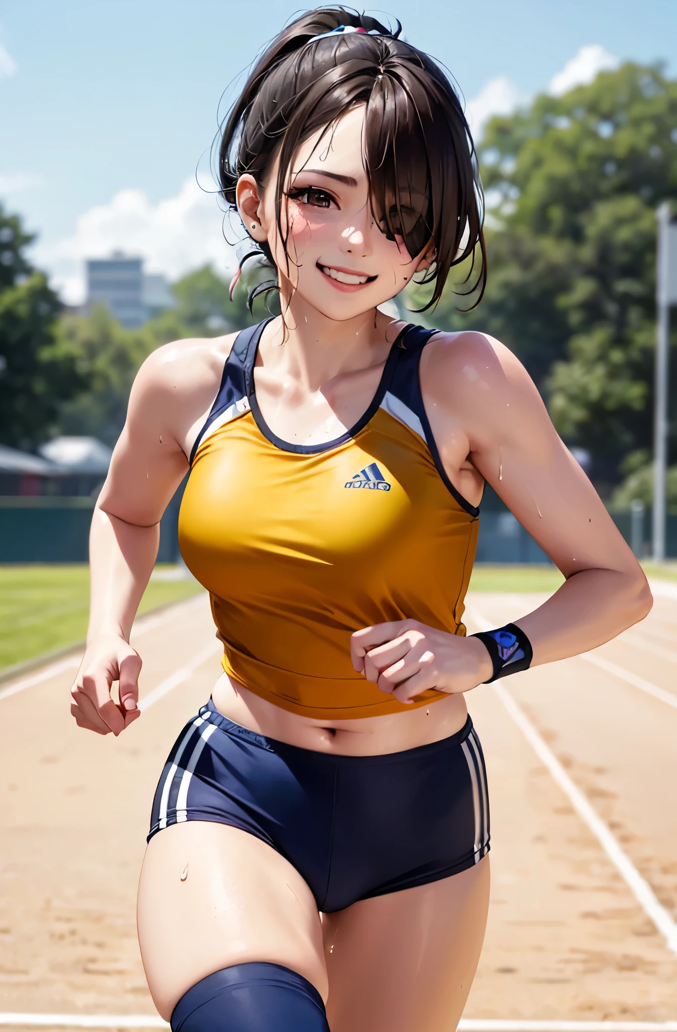 (masterpiece:1.5)、(highest quality:1.5)、(8K:1.2)、(Super detailed:1.2)、(realistic:1.2)、(ultra high resolution:1.2)、(Highly detailed and realistic skin:1.2)、(Very detailed and clean sharp eyes:1.2)、(on the playground track:1.3)、(Running with a smile:1.5)、break、(18 year old woman with slender figure:1.2)、(beautiful eyeliner)、(beautiful eyeshadow)、natural color lip、break、(navy blue track and field athlete costume:1.3)、break、(knee socks:1.3)、(Mocha brown medium ponytail that covers one eye:1.3)、(medium chest)、(sweating:1.5)