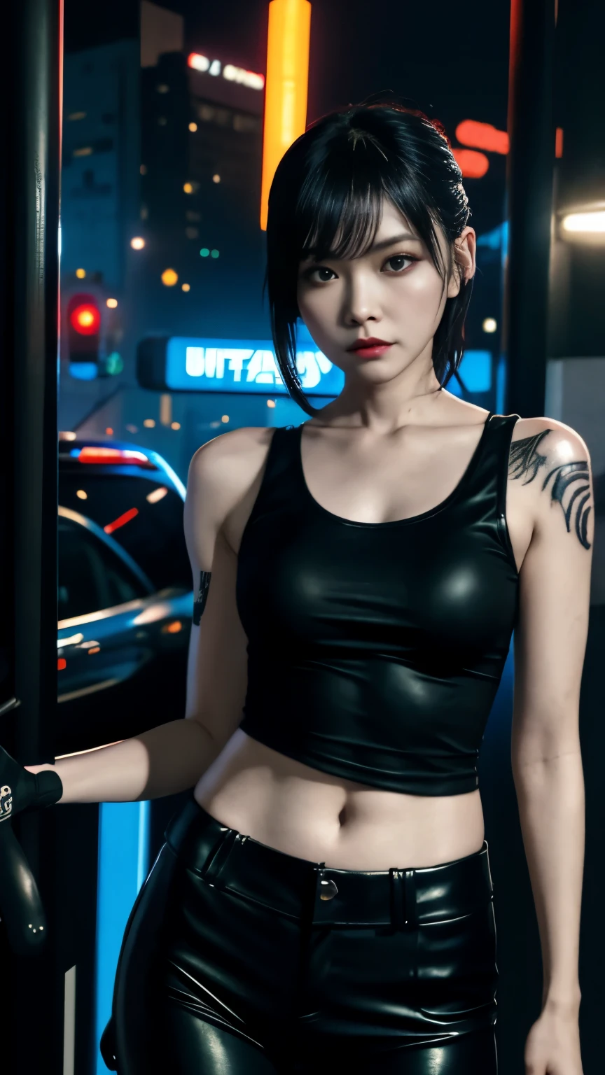 (highest quality)，masterpiece，Super detailed，8K, UHD，Beautiful woman，japanese woman，No expression，whole body，((tattoo))，slim，black slacks，white tank top，(female mafia)，gangster，(cyberpunk city)，night，cinematic lightening，underworld