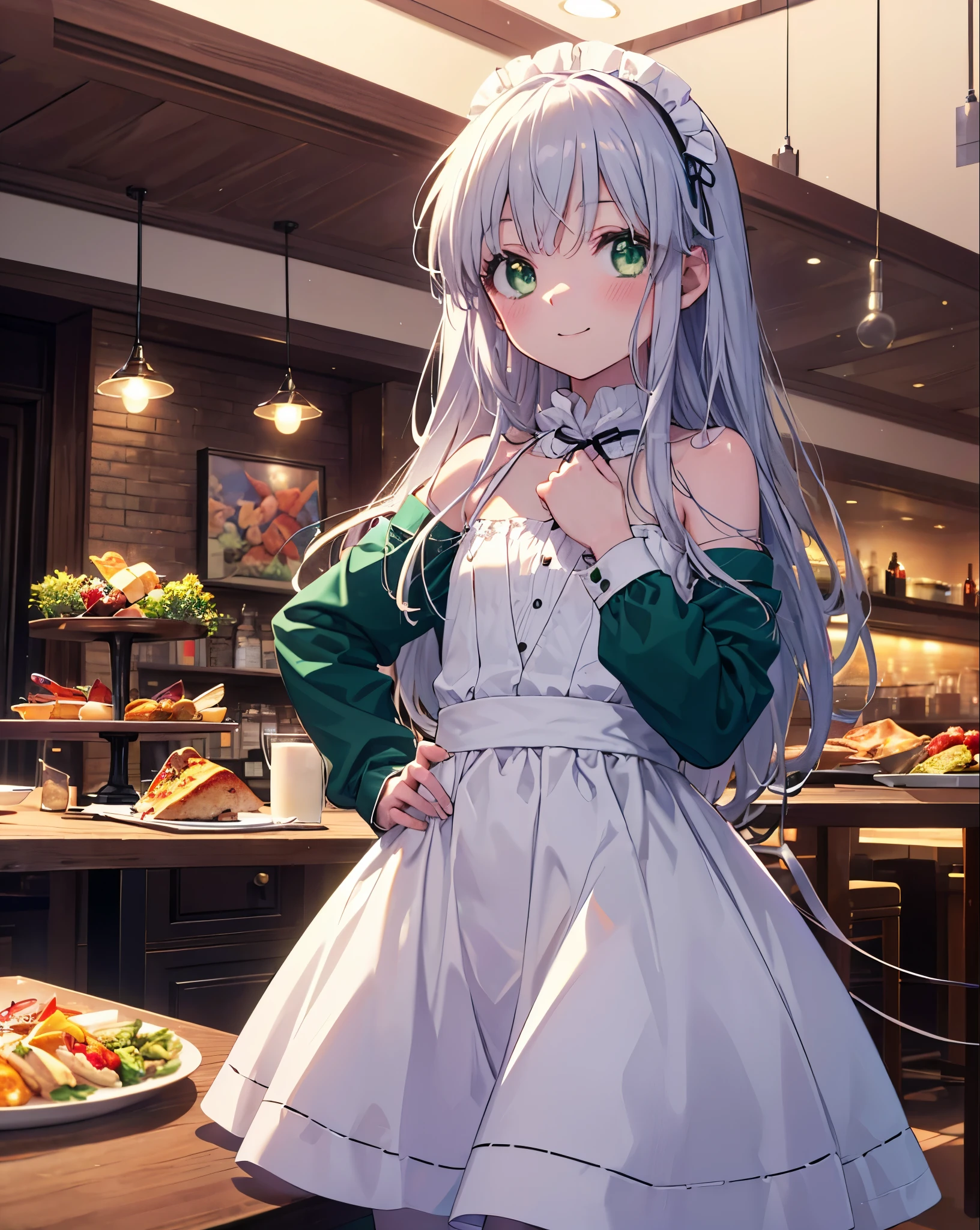 index, index, (green eyes:1.5), silver hair, long hair, (flat chest:1.2),smile,blush,bossy,she was wearing a maid long skirt, white stockings on her legs,put both hands on hips,Standing in honor,bare shoulders,looking up from below,There&#39;s a lot of food on the table, break looking at viewer, Upper body, whole body, break indoors, restaurant,viking, break (masterpiece:1.2), highest quality, High resolution, unity 8k wallpaper, (figure:0.8), (detailed and beautiful eyes:1.6), highly detailed face, perfect lighting, Very detailed CG, (perfect hands, perfect anatomy),