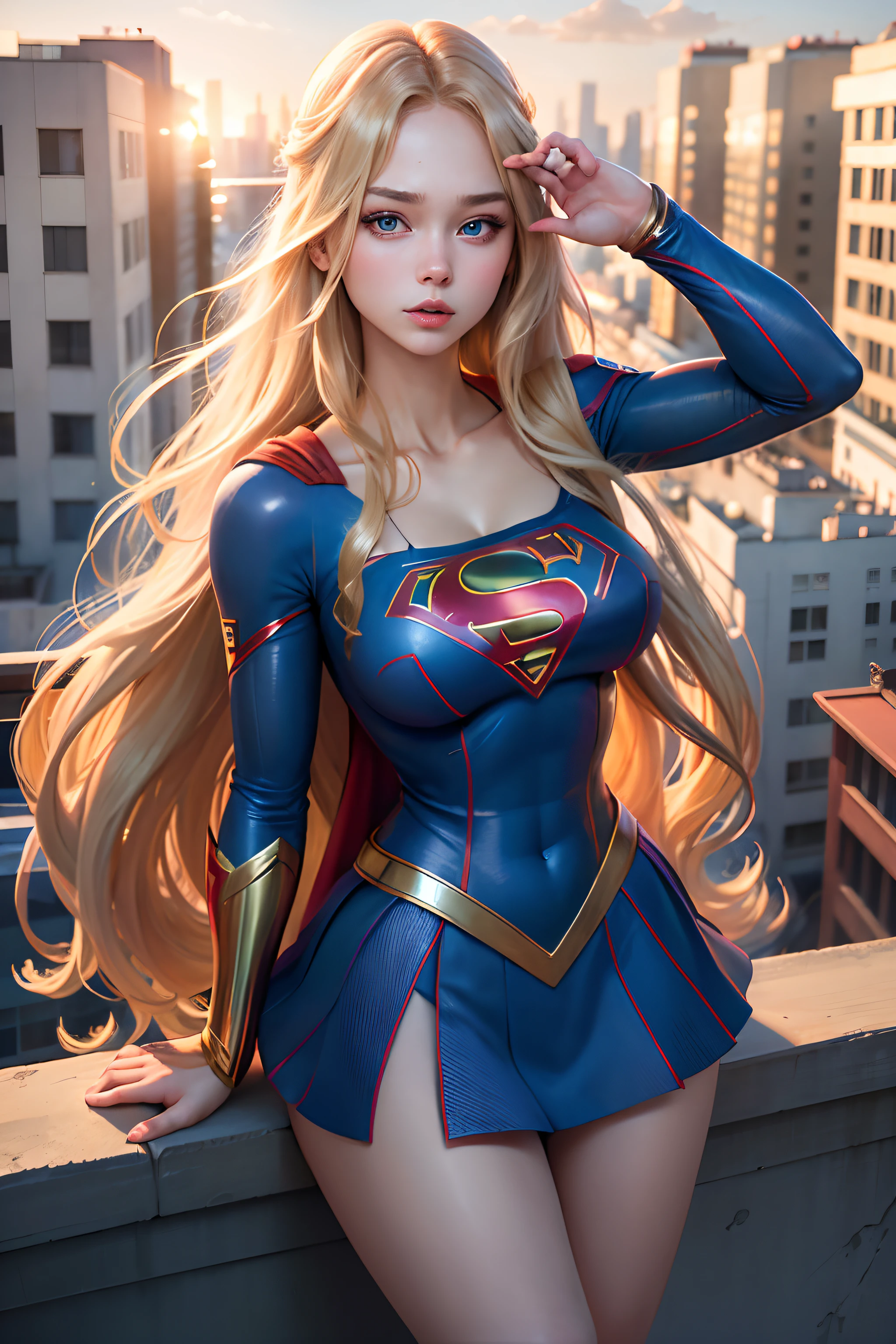 ((best quality, masterpiece, absurdress) , supergirl , 19 years old,long blonde hair, voluminous hair, loose hair, blue expressive eyes,huge breasts, supergirl wearing korean school uniform, terrace of a building, view of other buildings ,day