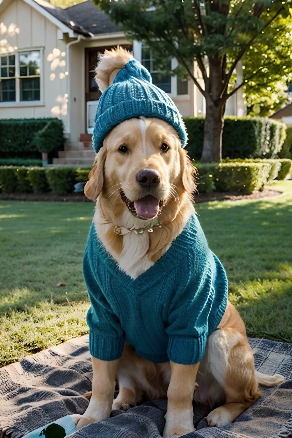 Happy golden retriever in a cute blue knitted hat, sitting on a green lawn in front of suburban house