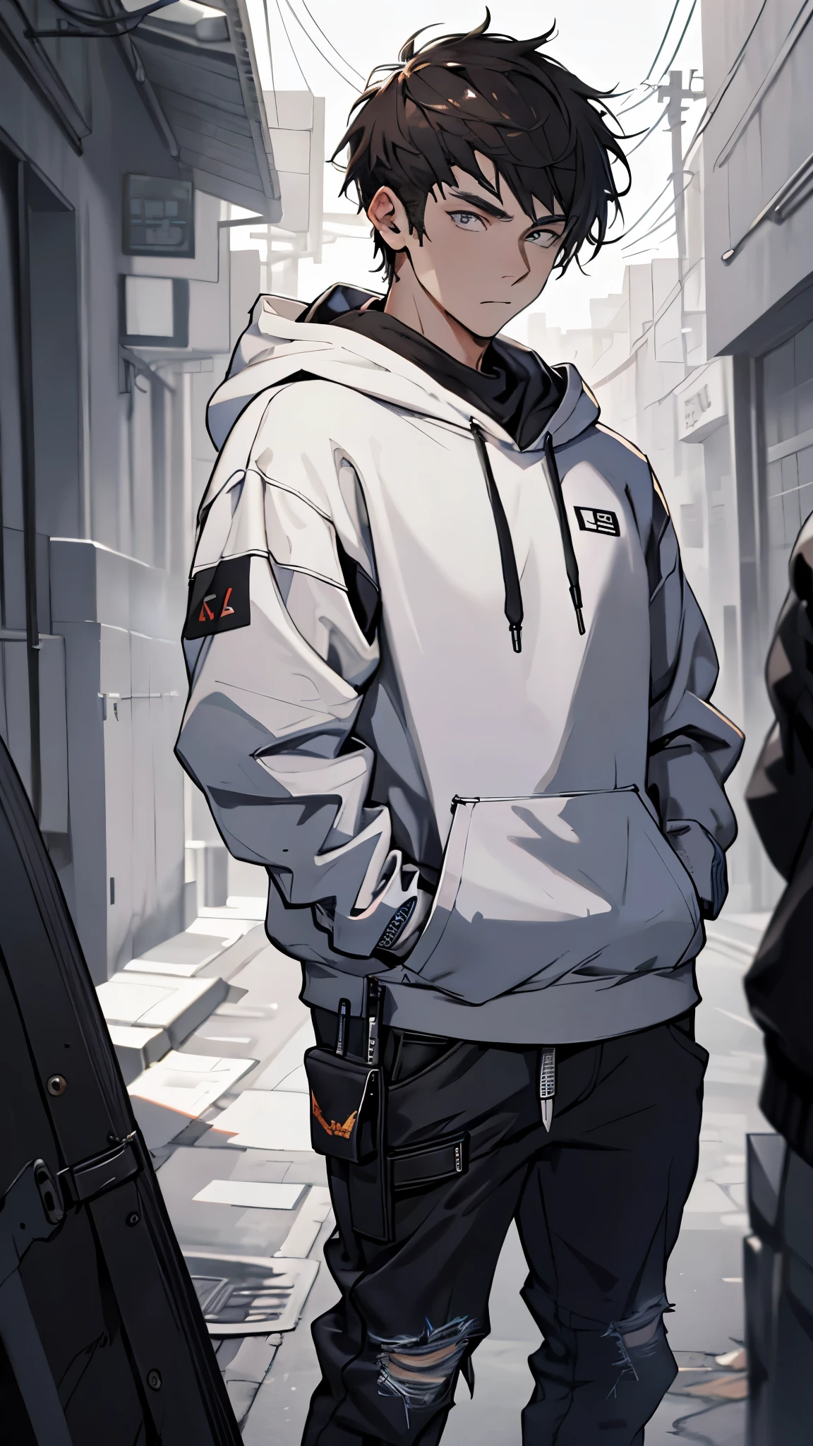 Super detailed, high resolution, super detailed, best quality, stunning, top quality, hoodie hacker look, man with short hair, deep expression, facing camera, frontal, With hands in pockets, looking directly at the camera, with a delicate face,