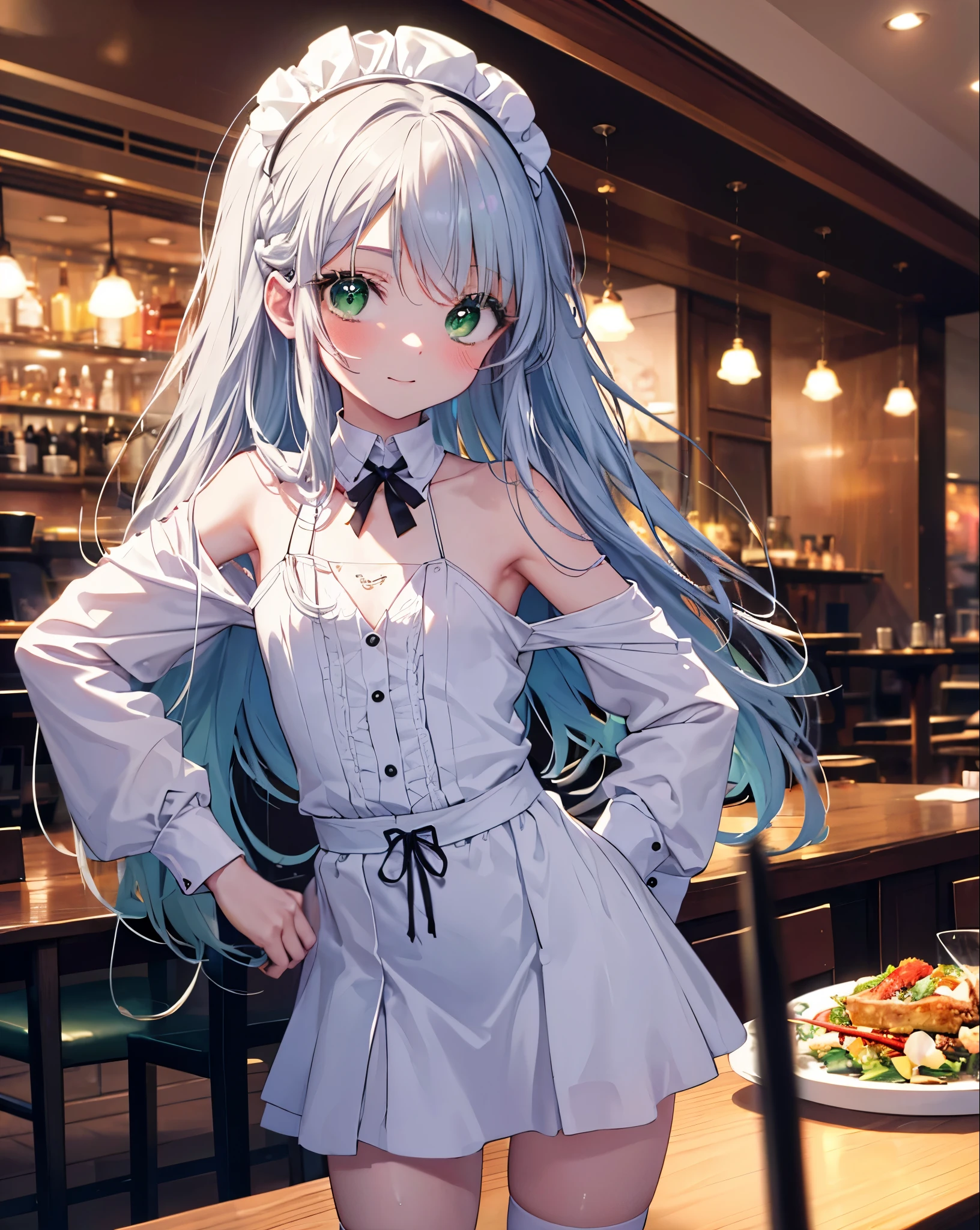 index, index, (green eyes:1.5), silver hair, long hair, (flat chest:1.2),smile,blush,bossy,she was wearing a maid long skirt, white stockings on her legs,put both hands on hips,Standing in honor,bare shoulders,looking up from below,There's a lot of food on the table, break looking at viewer, Upper body, whole body, break indoors, restaurant,viking, break (masterpiece:1.2), highest quality, High resolution, unity 8k wallpaper, (figure:0.8), (detailed and beautiful eyes:1.6), highly detailed face, perfect lighting, Very detailed CG, (perfect hands, perfect anatomy),