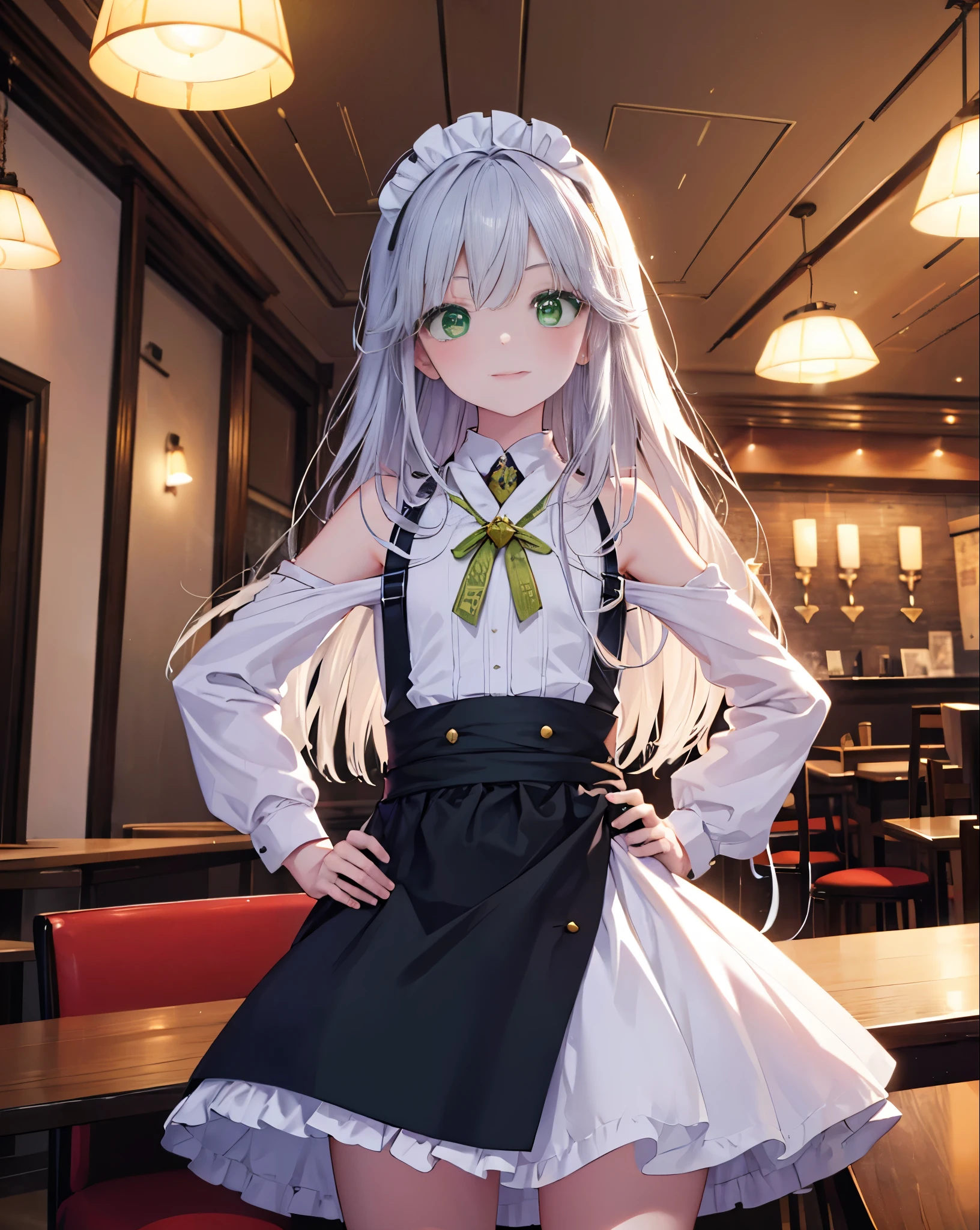 index, index, (green eyes:1.5), silver hair, long hair, (flat chest:1.2),smile,blush,bossy,she was wearing a maid long skirt, white stockings on her legs,put both hands on hips,Standing in honor,bare shoulders,looking up from below,There's a lot of food on the table, break looking at viewer, Upper body, whole body, break indoors, restaurant,viking, break (masterpiece:1.2), highest quality, High resolution, unity 8k wallpaper, (figure:0.8), (detailed and beautiful eyes:1.6), highly detailed face, perfect lighting, Very detailed CG, (perfect hands, perfect anatomy),
