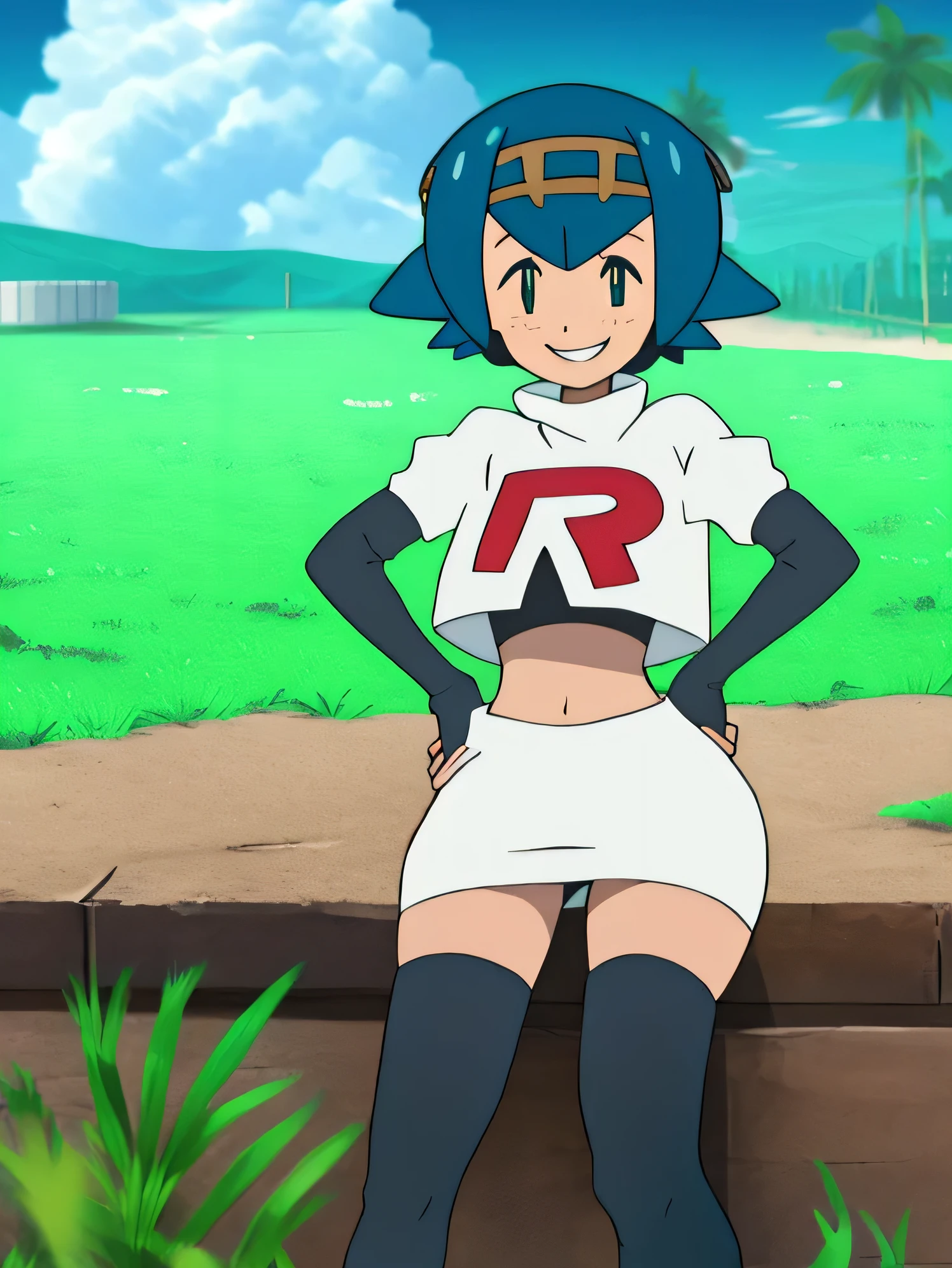 View of the valley, with grass, team rocket uniform, red letter r, white skirt,white crop top,black thigh-high boots, black elbow gloves, evil smile, looking at viewer, hands on hips, giantess, sitting