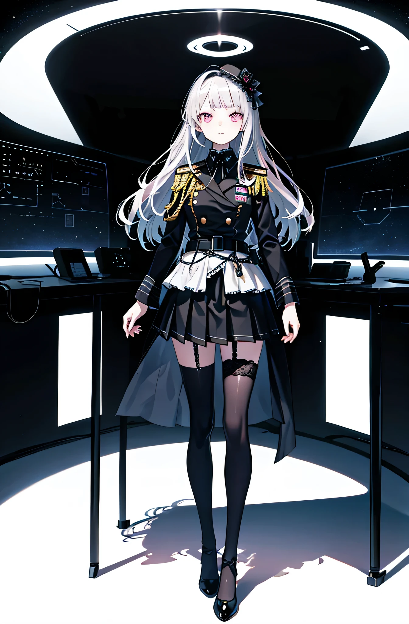 (highest resolution, distinct_image), best quality, masterpiece, highly detailed, semi realistic, a girl with long silver hair, mature girl, triple bangs, black uniform, black pleated skirt, military uniform, medals, magnificent military uniform, beautiful woman, spaceship space, control room, commander,(()),pink eyes,black thighhighs,,((gothic lolita girl)),,lolita girl,