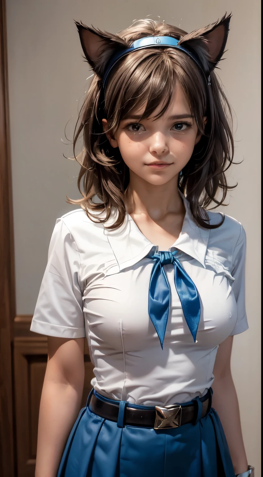 very young slim fit girl, pioneer neckerchief, very short blue skirt, bangs, collarbone, tight white shirt, bursting breast, short sleeves, collared shirt, belt, red neckerchief, full height, rounded face, very long disheveled dark brown hair, big brown eyes, sluty smile, perfect flat breast, band on head with fake cat ears, monroe, realrussian