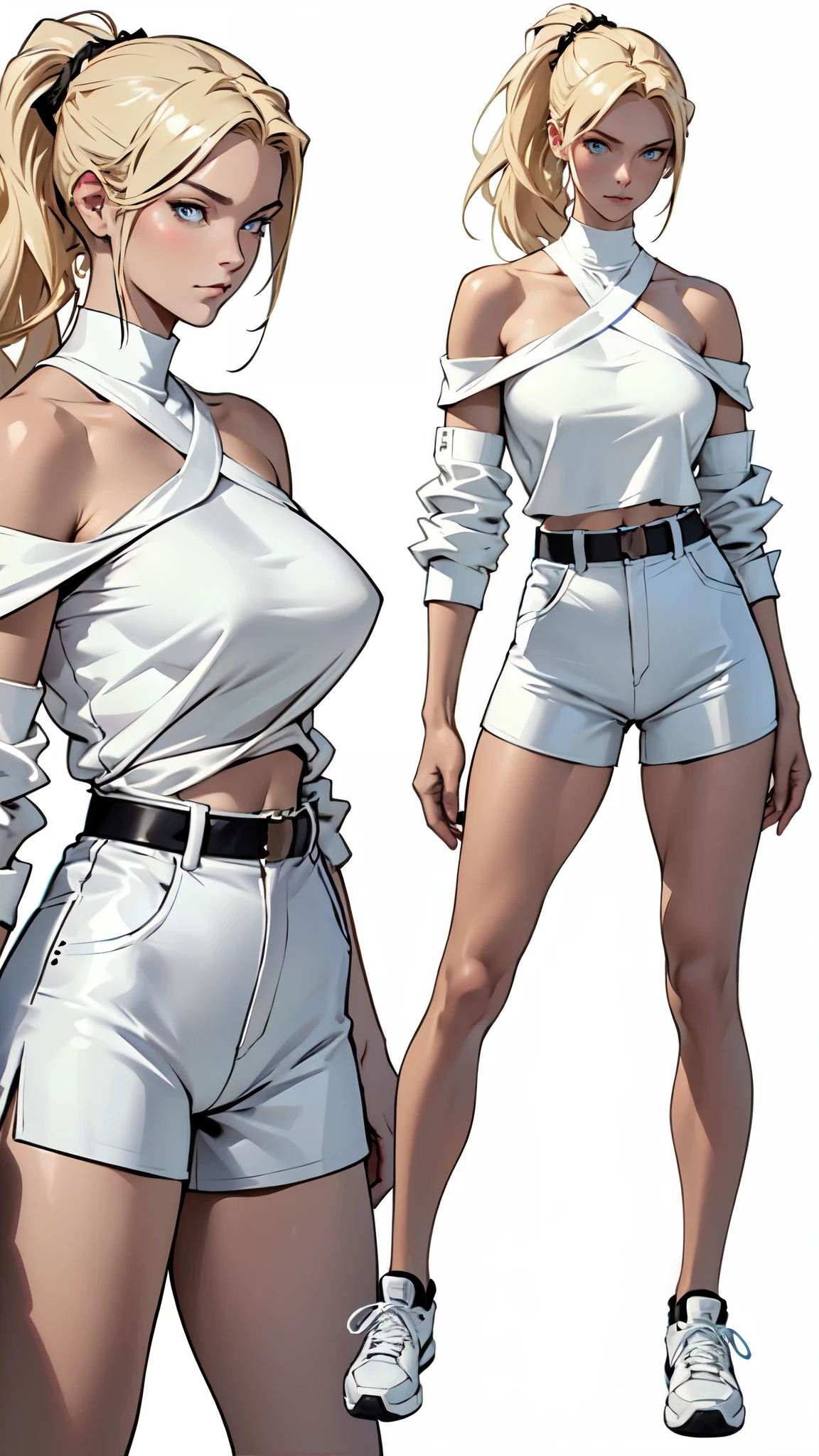 (absurdres, highres, ultra detailed),(absurdres, highres, ultra detailed), 1 female, adult, beautiful, tall lady, thin waist, pale skin, (((big breasts))), finely detailed eyes and detailed face, elegant long light blonde hair tied in a ponytail, (wearing a white off shoulder short shirt and tight High-Waisted Shorts), bare belly, all star sneakers, elegant, neat, graceful, seductive look, attractive, light blue eyes, white background, (anime character sheet), (full body), (several poses and expressions)
