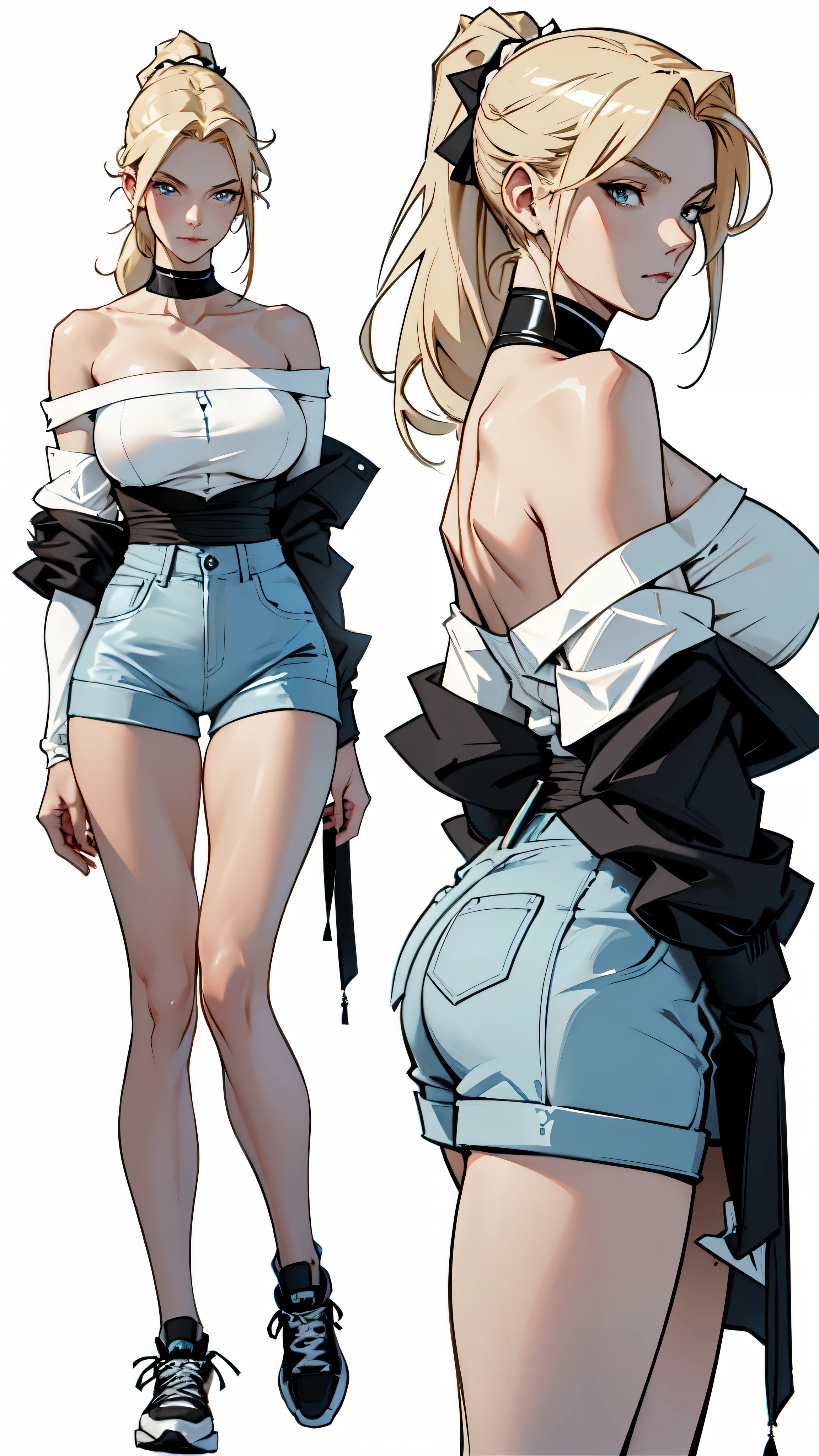 (absurdres, highres, ultra detailed),(absurdres, highres, ultra detailed), 1 female, adult, beautiful, tall lady, thin waist, pale skin, (((big breasts))), finely detailed eyes and detailed face, elegant long light blonde hair tied in a ponytail, (wearing an elegant off shoulder shirt and tight High-Waisted Shorts), all star sneakers, elegant, neat, graceful, seductive look, attractive, light blue eyes, white background, (anime character sheet), (full body), (several poses and expressions)