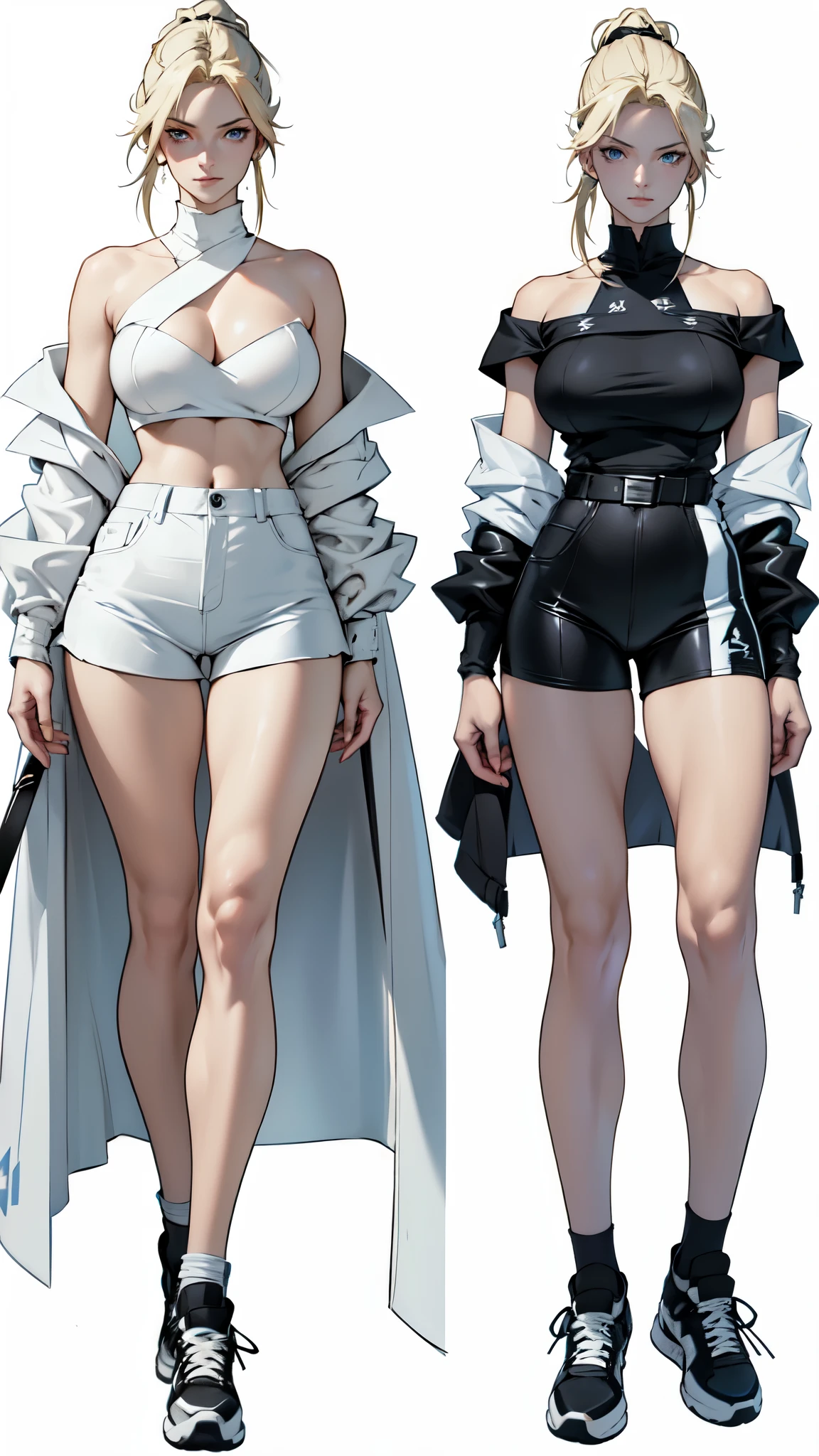 (absurdres, highres, ultra detailed),(absurdres, highres, ultra detailed), 1 female, adult, beautiful, tall lady, thin waist, pale skin, (((big breasts))), finely detailed eyes and detailed face, elegant long light blonde hair tied in a ponytail, (wearing a white off shoulder short shirt and tight High-Waisted Shorts), bare belly, all star sneakers, elegant, neat, graceful, seductive look, attractive, light blue eyes, white background, (anime character sheet), (full body), (several poses and expressions)