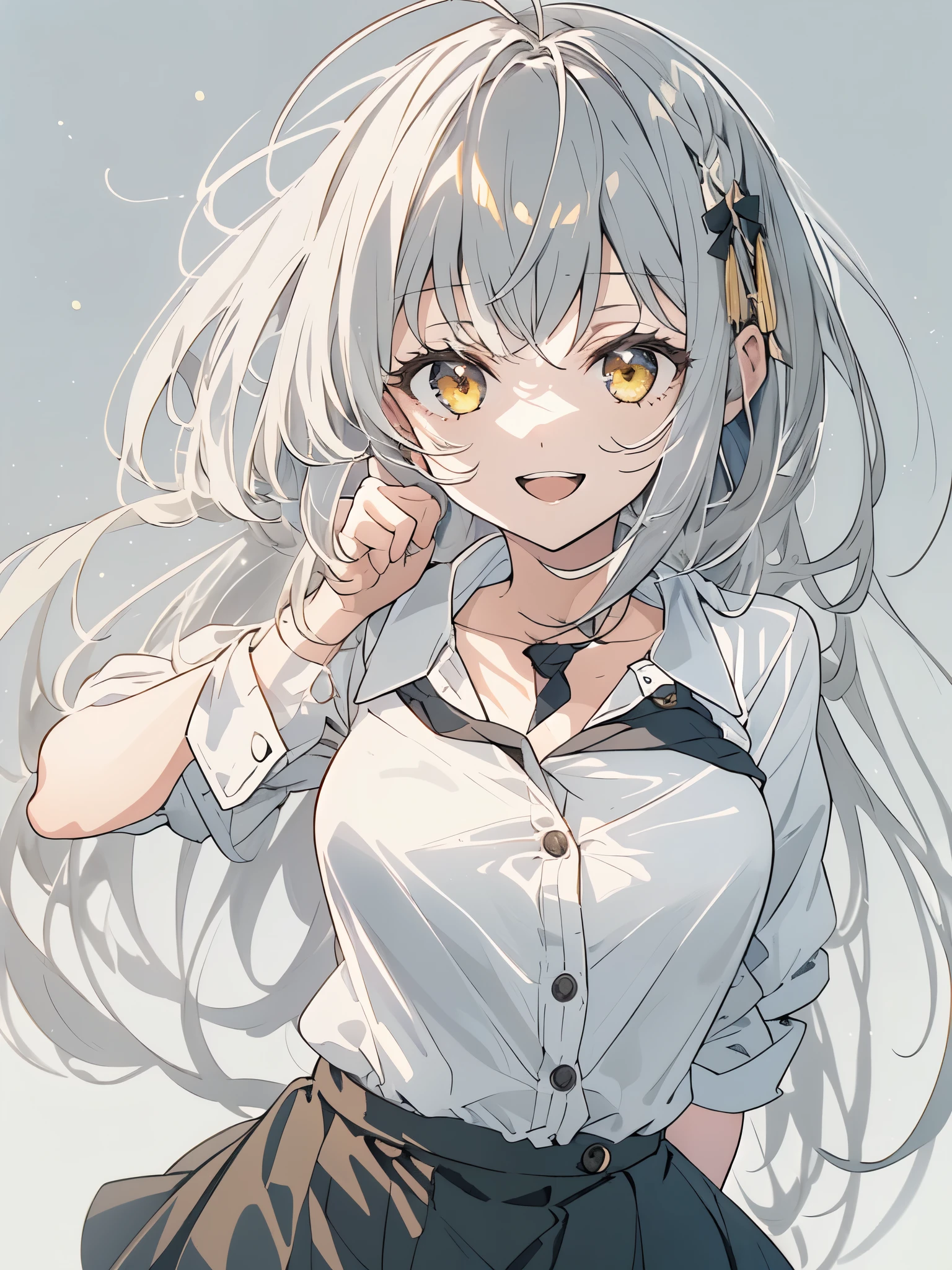 ((masterpiece, highest quality)), (1 girl), (alone), (female focus), (Ahoge, gray hair, very long hair), golden eyes, clear smile, open your mouth, ((white shirt), (shirt with buttons), (gap button)), ((black skirt), (short skirt)), Are standing, white background, turn your arms behind your back, dynamic angle、beautiful anime