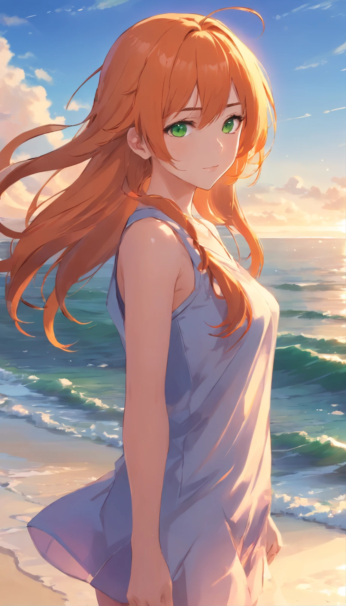 Anime girl with long orange hair, standing on the beach near the ocean, green eyes detailed digital anime art, Anime girl with long hair, гладкое аниме cg art, Anime girl with long hair, digital anime art, work in Guweiz style, Beautiful anime portrait, Photorealistic render of an anime girl, Beautiful anime girl, advanced digital anime art, guweiz на artstation pixiv HD UHD HQ