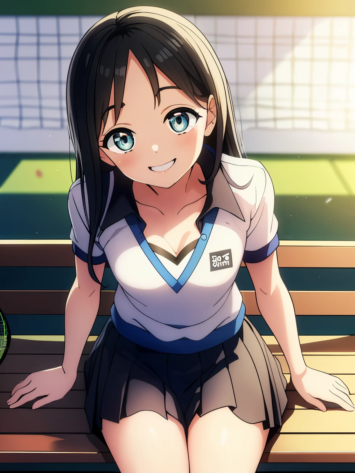 (best quality, masterpiece, RAW photo,ultra-detailed:1.2), 1girl,solo,looking at viewer,smile long straight black hair,
short sleeve gym uniform, hair clip, side parted hair, front view, from below, sitting, classroom, akebi komichi, smiling at you, 1 girl, black hair, butterfly hair topper, black cardigan, white unbuttoned T-shirt, black bra, medium , plunging neckline, full length flat, looking at viewer, front view, in a room, sunlight, one bed in the background, 2d, masterpiece,masutepiece, Best Quality, 8K_Wallpaper, (Beautiful eyes), ((Cute)), Cute, (lovely), (Tennis court on a sunny day),1girl in,,1 ,Big smile,facial close-up、portlate(((tennis coat)))(((Tennis Wear)))(((Sit on a bench and relax)))