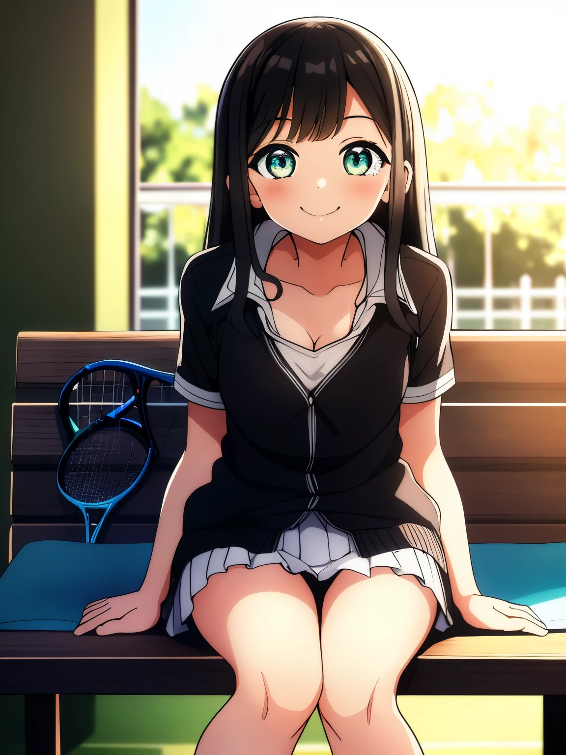 (best quality, masterpiece, RAW photo,ultra-detailed:1.2), 1girl,solo,looking at viewer,smile long straight black hair,
short sleeve gym uniform, hair clip, side parted hair, front view, from below, sitting, classroom, akebi komichi, smiling at you, 1 girl, black hair, butterfly hair topper, black cardigan, white unbuttoned T-shirt, black bra, medium , plunging neckline, full length flat, looking at viewer, front view, in a room, sunlight, one bed in the background, 2d, masterpiece,masutepiece, Best Quality, 8K_Wallpaper, (Beautiful eyes), ((Cute)), Cute, (lovely), (Tennis court on a sunny day),1girl in,,1 ,Big smile,facial close-up、portlate(((tennis coat)))(((Tennis Wear)))(((Sit on a bench and relax)))