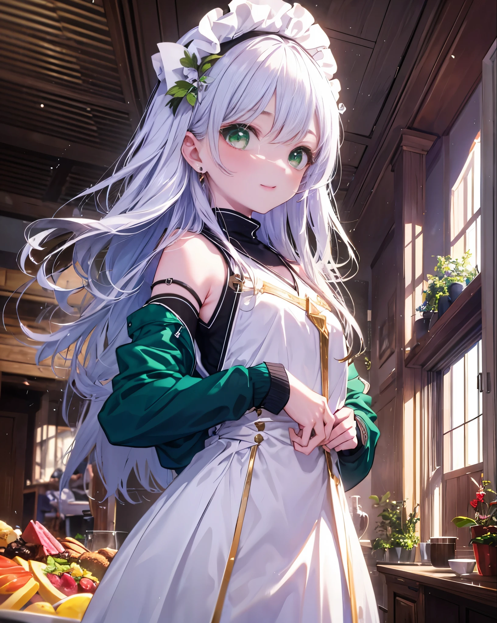 index, index, (green eyes:1.5), silver hair, long hair, (flat chest:1.2),smile,blush,bossy,she was wearing a maid long skirt, white stockings on her legs,put both hands on hips,Standing in honor,bare shoulders,looking up from below,There&#39;s a lot of food on the table, break looking at viewer, Upper body, whole body, break indoors, restaurant,viking, break (masterpiece:1.2), highest quality, High resolution, unity 8k wallpaper, (figure:0.8), (detailed and beautiful eyes:1.6), highly detailed face, perfect lighting, Very detailed CG, (perfect hands, perfect anatomy),