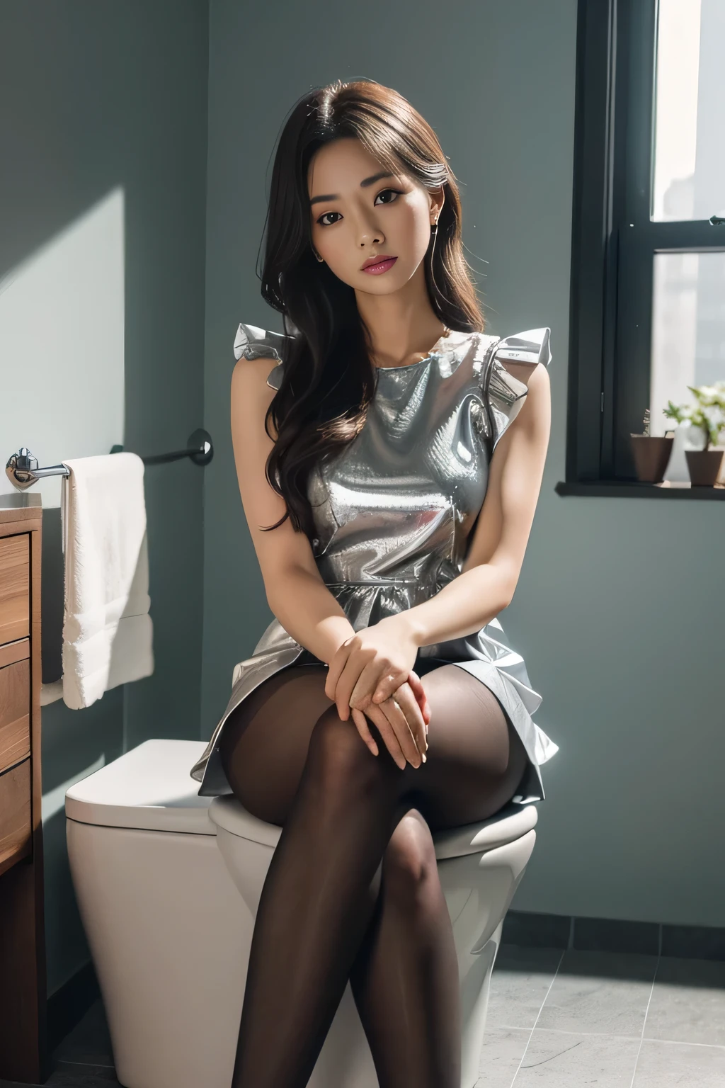 (whole body:1.5),(1 girl:1.3),(show viewer:1.4),(correct anatomy:1.3),(sitting on the toilet:1.2),(silver high waist dress :1.2),( Extra thick lime pantyhose:1.3),( girl'thick pointy heels :1.1),(accurate and perfect face:1.3),hyper hd, ray tracing, reflected light, structurally correct, award-winning, high detail, Brighten the contrast of shadows, face lighting ,cinematic lighting, masterpiece, Super detailed, high quality, high detail, 最high quality, 16k,high contrast,
