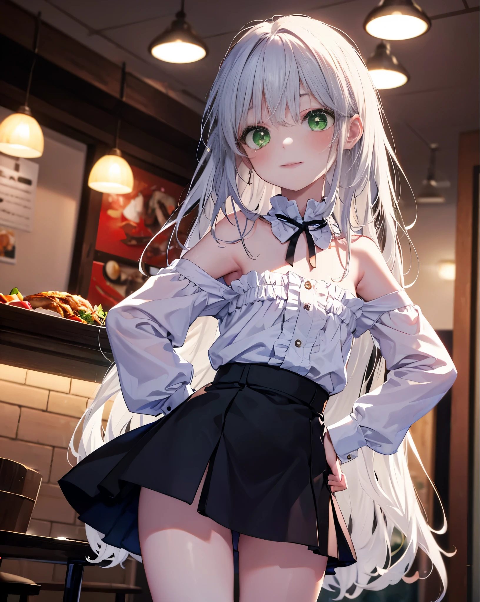 index, index, (green eyes:1.5), silver hair, long hair, (flat chest:1.2),smile,blush,bossy,she was wearing a maid long skirt, white stockings on her legs,put both hands on hips,Standing in honor,bare shoulders,looking up from below,There&#39;s a lot of food on the table, break looking at viewer, Upper body, whole body, break indoors, restaurant,viking, break (masterpiece:1.2), highest quality, High resolution, unity 8k wallpaper, (figure:0.8), (detailed and beautiful eyes:1.6), highly detailed face, perfect lighting, Very detailed CG, (perfect hands, perfect anatomy),
