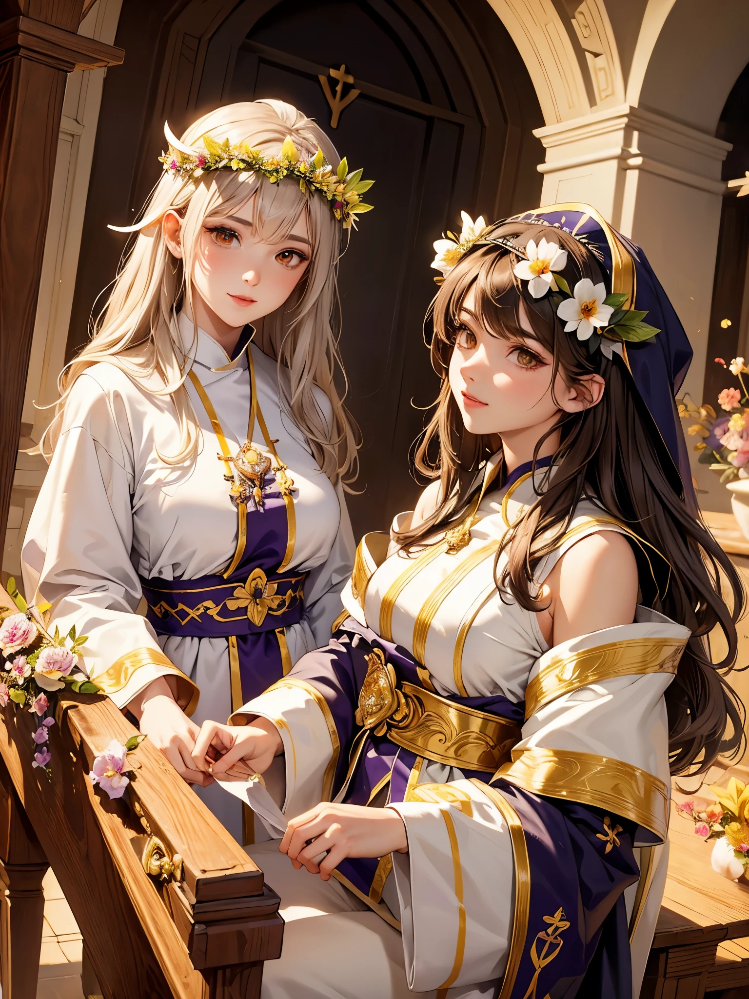 ((highest quality)),(ultra high resolution),(Super detailed),(detailed description),((best CG)),(best work of art),super precision art,amazing drawing art,(Fantasy art with precise details:1.5), (Female priests:1.8),(beautiful and well-shaped face:1.5),smile:1.5,(flower crown:1.5),(A meticulously detailed robe:1.3), 