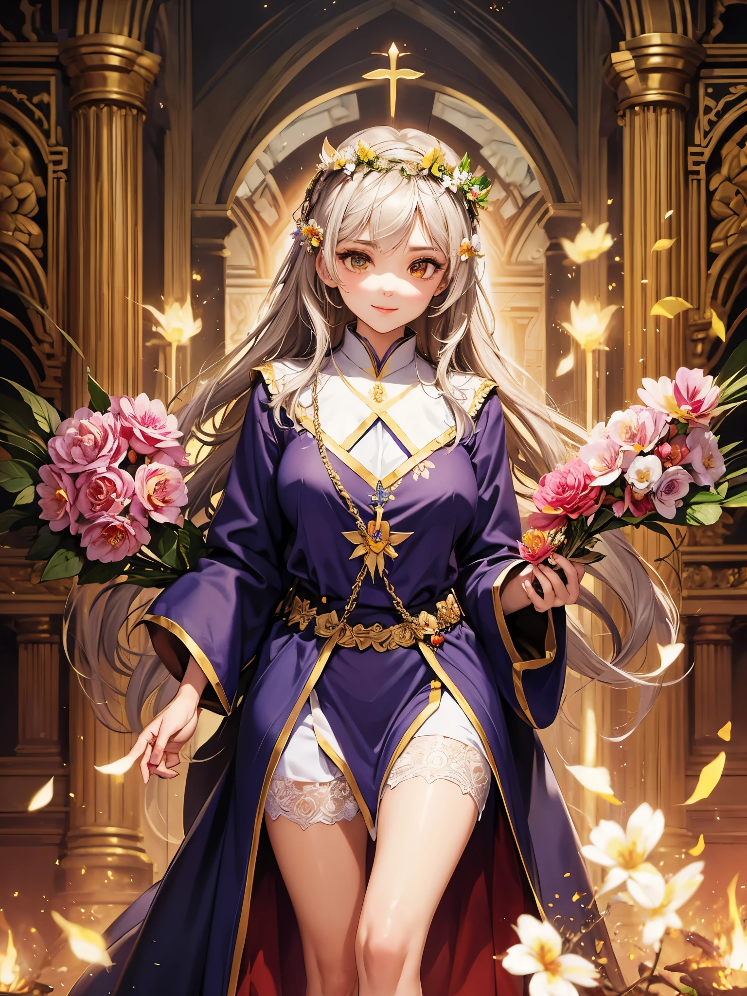 ((highest quality)),(ultra high resolution),(Super detailed),(detailed description),((best CG)),(best work of art),super precision art,amazing drawing art,(Fantasy art with precise details:1.5), (Female priests:1.8),(beautiful and well-shaped face:1.5),smile:1.5,(flower crown:1.5),(A meticulously detailed robe:1.3),