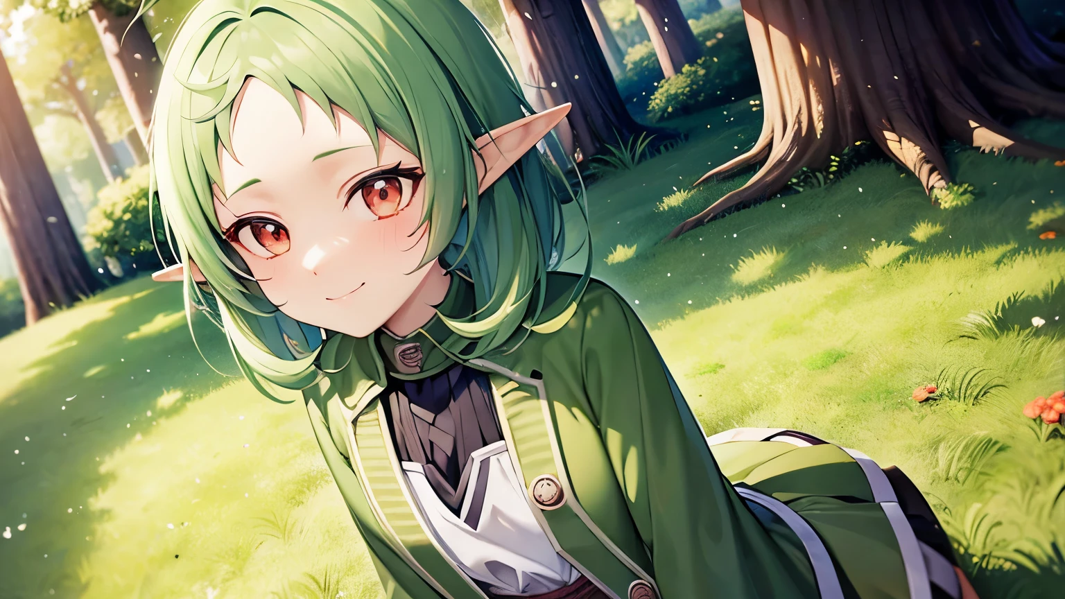 a cute character with a shy smile named Sylphie with elf-like ears and white tomboyish hair, the eyes are red colored with black pupils. Her forehead is visible and detailed with a signal. The character is wearing a white long-sleeve shirt and a brown skirt, is crouching on the grass amidst a serene and beautifully illuminated forest. Mushoku Tensei. anime style masterpiece.