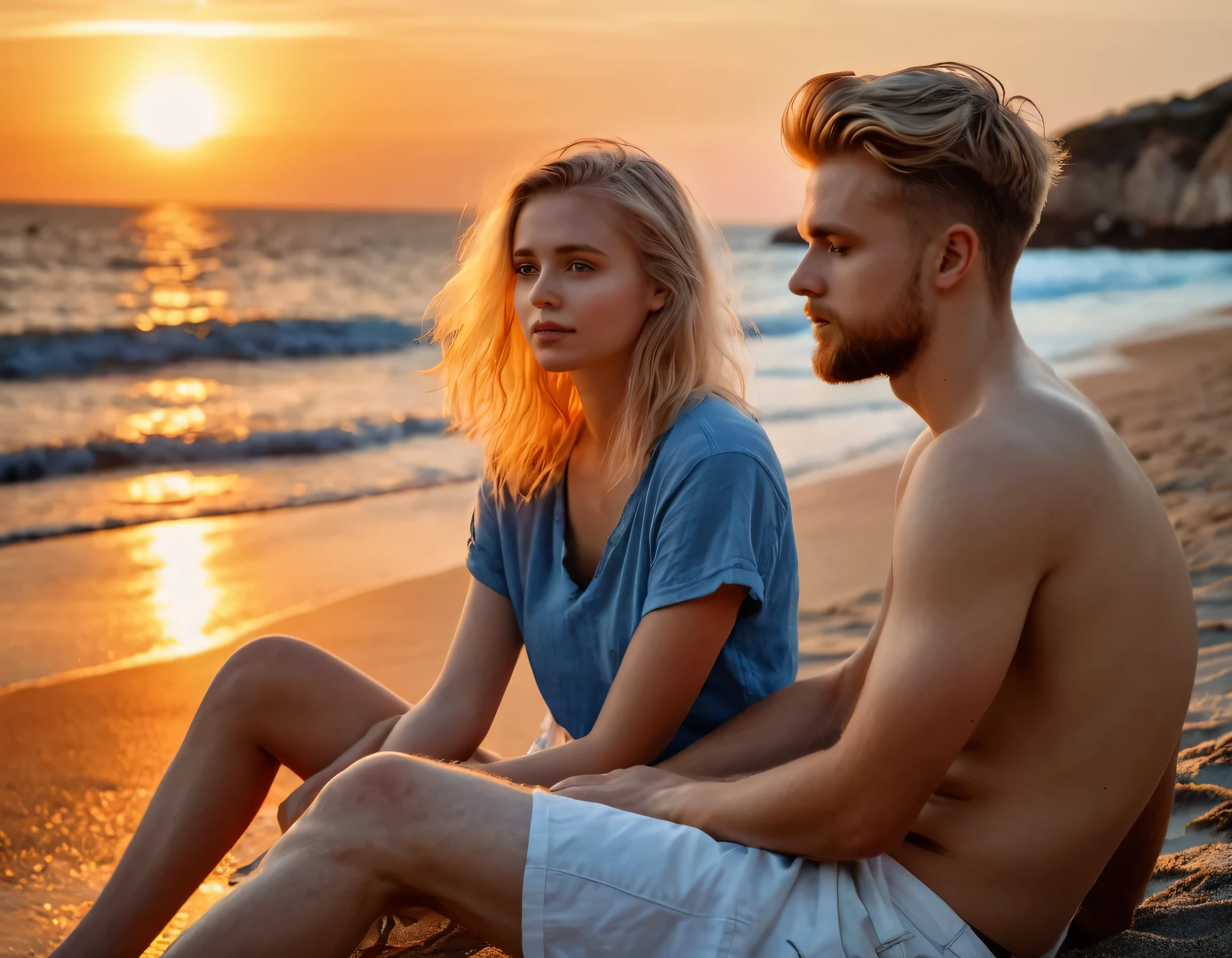 blonde-haired girl and a guy sitting on the seashore at sunset,photorealism, great detail