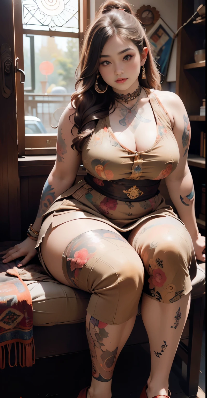 there is a woman sitting down with a longest brown hair, bbwchan, thicc, brown hijab outfit, brown hairstyle model, korean girl, korean woman, wearing brown robe, full length shot, alluring plus sized model, japanese goddess, clothed in hooded, voluptuous and arousing, portrait shot, curvy model, voluptuous body, wonderful, nene tanaka body , bbwchan, The overall atmosphere is smooth , haunting illustrations, extremely high-resolution details, photographic, realism pushed to extreme, fine texture, 4k, ultra-detailed, high quality, high contrast, red sneakers , cold atmosphere ,, cold atmosphere ,, ((Detailed texture of tattooed skin)), tattoo round breasts, irezumi tattoo style, tattoo on breasts, tttattoo, showing her thigh , tattoo on thigh, a close up of a woman with tattoos on her body, inked, tattooed body, fully tattooed body, tattooed, full-body tattoos, full - body tattoos, , full body tattoo, with tattoos, , tattoos, tattoos all over the skin, tattoos and piercings, ((Neka: 0.45)) LoRA, {{Big brother&#39;s tattooed woman Iremuzi tattoo style v1.0: 0.91}},, ((BohoAI v1.0 : 0.45)), wearing long pants 