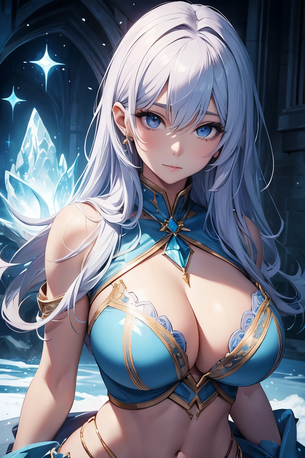 Beautiful girl, ice, fantasy, magic, abs, big breasts, cleavage, sexy,