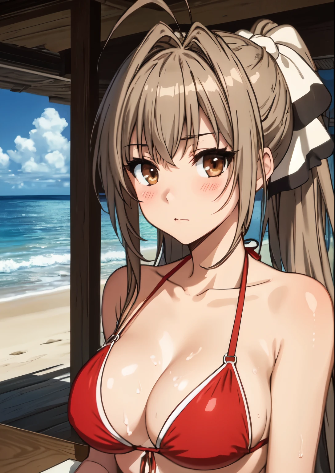 (red bikini、beach),1girl,best quality, (masterpiece:1.2), highly detailed, indoors, 1girl, solo, sento isuzu, bored, closed mouth, looking at the viewer, brown hair, long hair, antenna hair, ponytail, brown eyes, collarbone, (big breasts、shiny skin,blush、eye light)