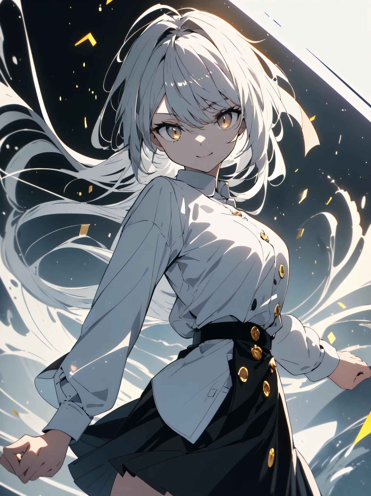 ((masterpiece, highest quality)), (1 girl), (alone), (female focus), (Ahoge, gray hair, very long hair), golden eyes, clear smile, open your mouth, ((white shirt), (shirt with buttons), (gap button)), ((black skirt), (short skirt)), Are standing, white background, turn your arms behind your back, dynamic angle、beautiful anime
