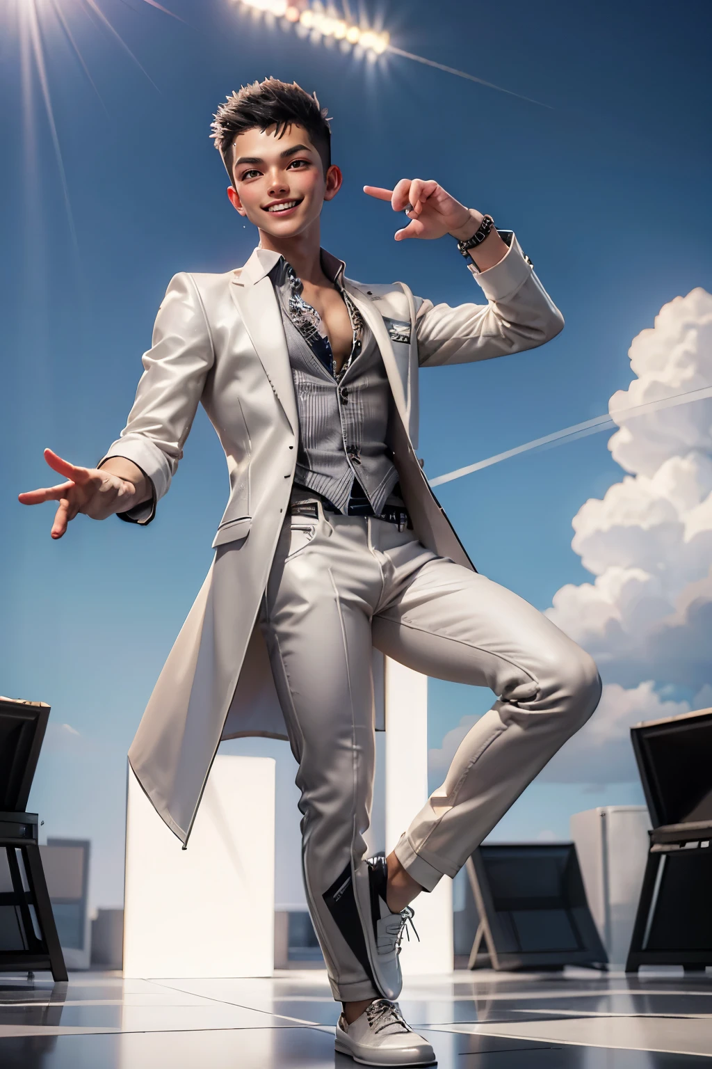 (1 asian cool guy), (24 years old), (skin fade dark hair:1.1), (glossy spiked hair), grin, white tooth, smile, (cheerful), laughing eyes, (tan skin), (white suit), (light Gray cutter shirt with 🦓 printed on it:1.2), ((full body)), (white leather shoes), standing, aerial shot, (face focus:1.1), (Stand on stage:1.1), ((Open-air festival site)), ((Blue sky:1.1)), ((clear sky)), ((masterpiece)), ((high resolution))