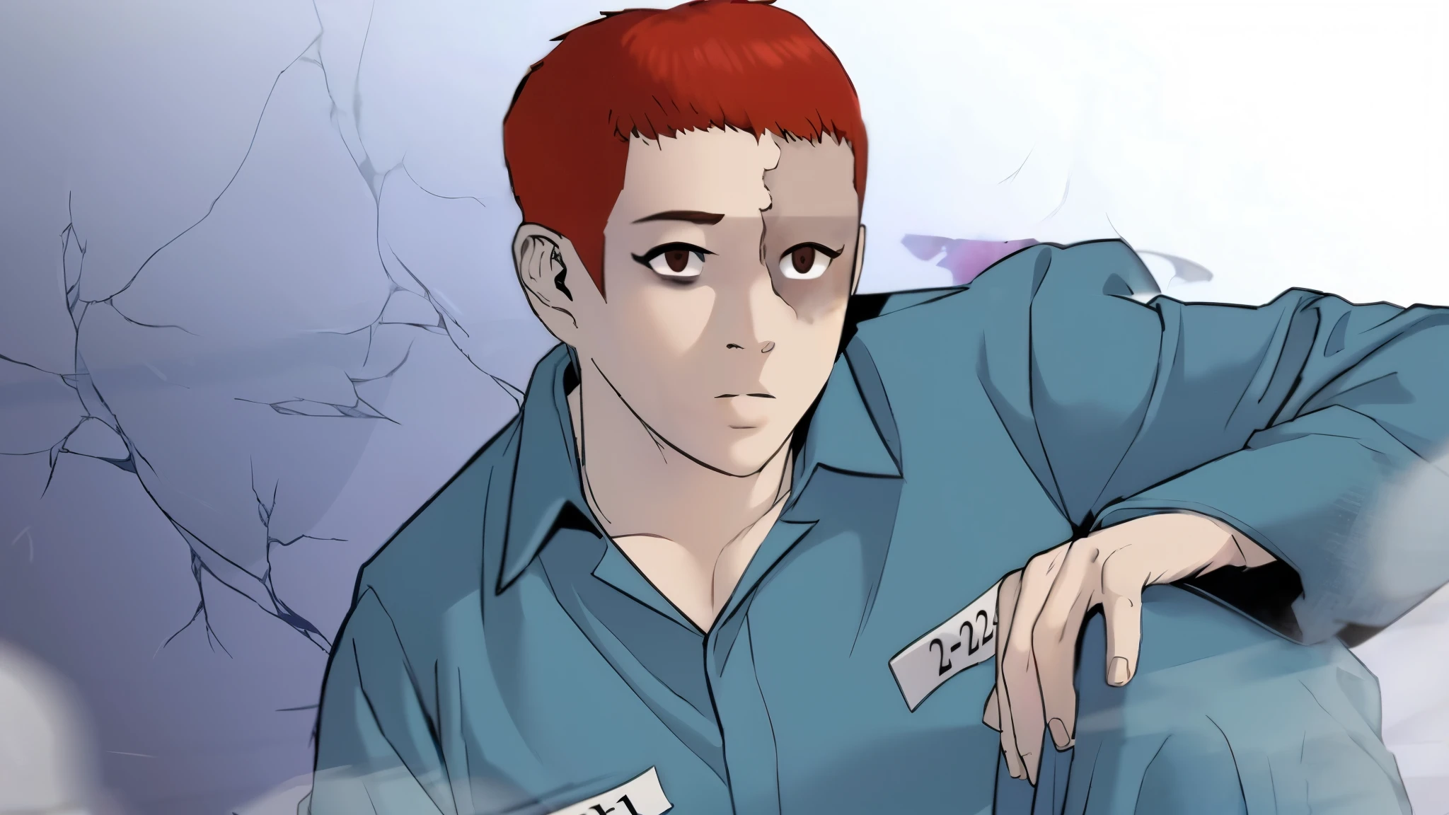 a close up of a person sitting on a chair with a name tag, kentaro miura manga art style, kentaro miura manga style, jujutsu kaisen, manga style of kentaro miura, cel shaded anime, male anime character, webtoon, cel - shaded art style, orange - haired anime boy, sui ishida art manga