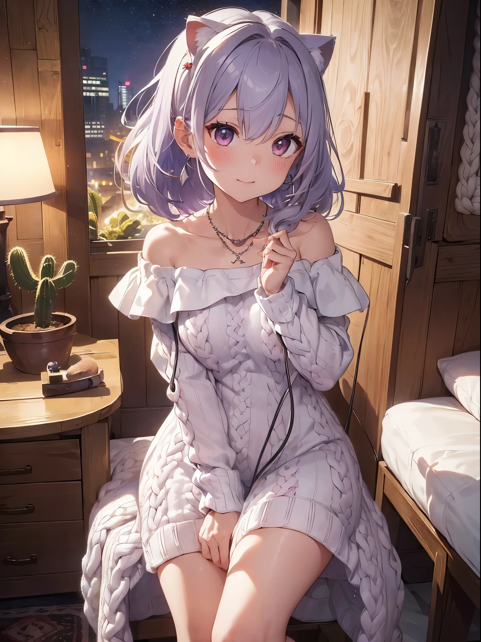 ((8k, Highest quality, masterpiece: 1.3)),Ultra-high resolution,(1 girl, alone), (Color changing eyes, Ultra-detailed, Expressive brilliance, Glitter, Glowing Eyes), Highly detailed eyes, Highly detailed face, Random Hair, ((pastel colour))A beaming young woman with pastel lavender hair styled into a half-up, half-down look, sitting cross-legged on her bed in her cozy bedroom during the late afternoon. She is dressed in a simple yet charming retro pin-up girl cosplay, wearing a polka dot dress with a halter neckline, and a matching headband. The camera captures her from a frontal angle as she laughs joyfully, her expression full of warmth and happiness. The room is warmly lit by the golden hour sunlight, with vintage posters on the wall, a small radio on the bedside table, and a few cushions scattered around, creating a nostalgic and cheerful atmosphere,(nsfw:1.3)