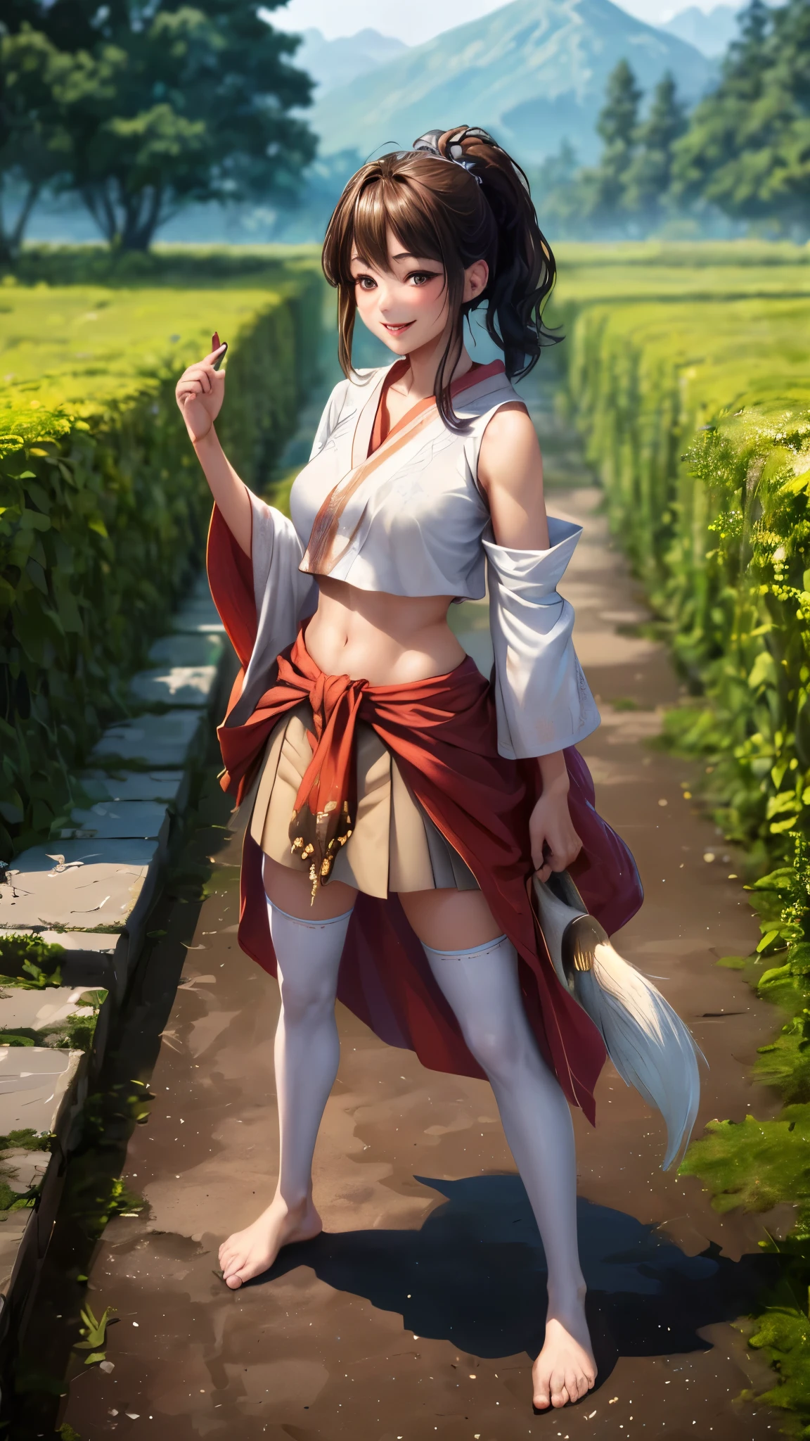 ((best quality)), ((masterpiece)), (detailed), perfect face, princess mononoke, studio ghibli, 1girl, japanese clothes, ponytail , brown hair, brown eyes, wallpaper, landscape, blood, blood splatter, depth of field, daylight, light particles, light rays, sidelighting, ****, skirt, stomach visible, navel visible, barefoot, thighhighs, cloud, sake bottle, looking at the camera, half-closed eyes, face blush, crosed legs, stumbling pose, standing, full body shown, drunk