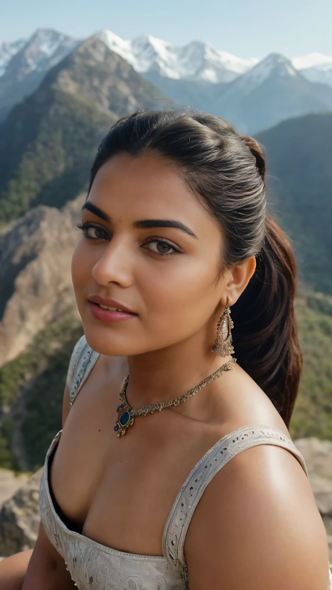 from top view, extreme close up photo of sexy indian, big cheeks, hourglass figure, swooping breasts, lying on mountains, ponytail, necklace, sultry, seductive eyes, look at viewer and subtle smile, (cinematic:1.3), intricate details, (ArtStation:1.2)